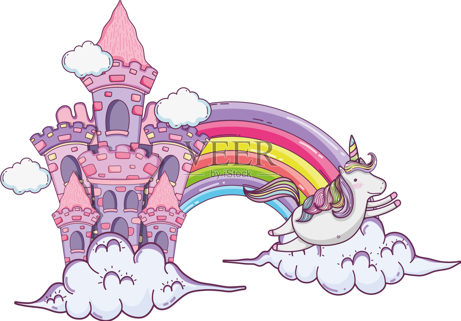 美丽的童话城堡，有彩虹和设计元素图片