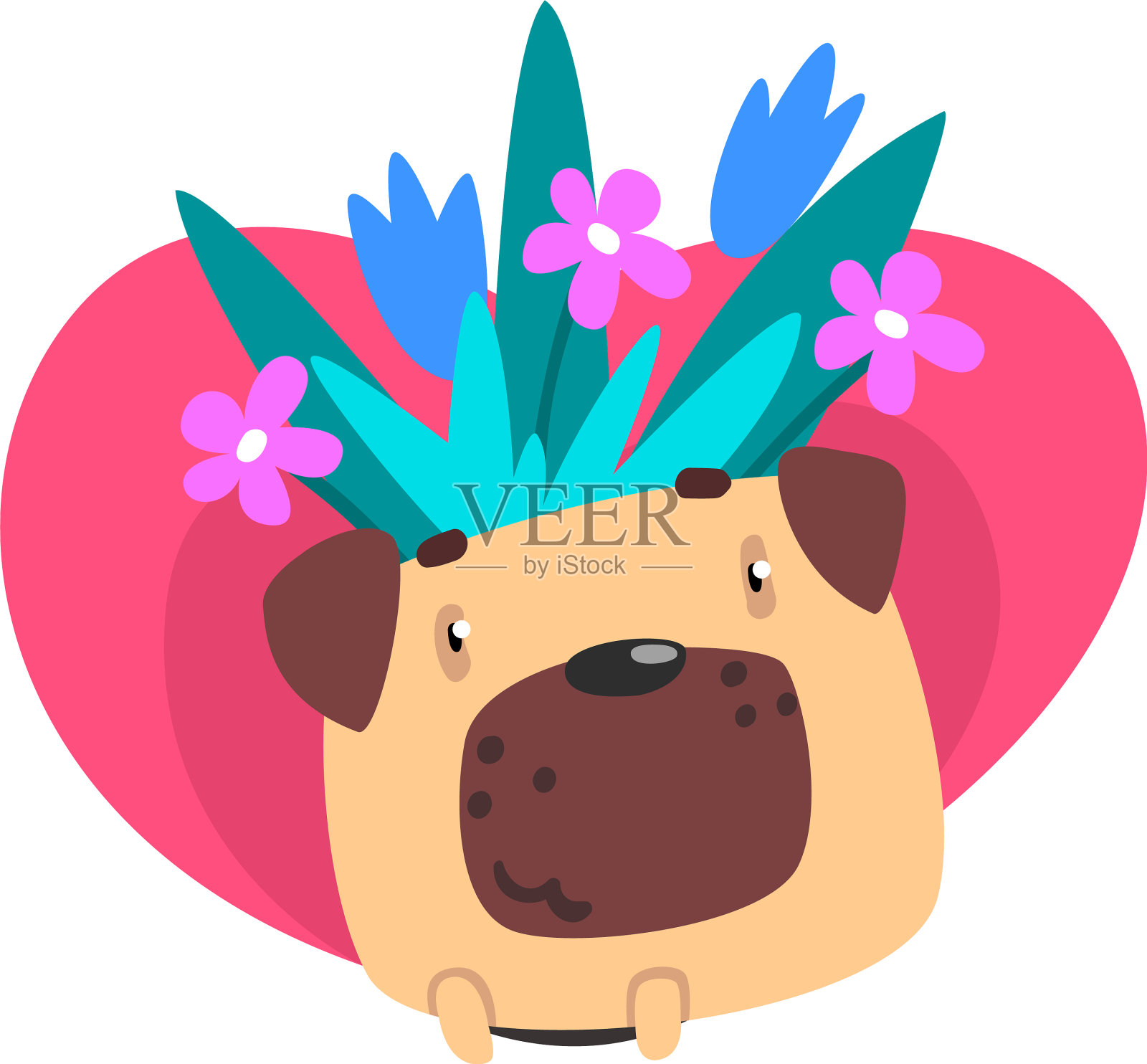 哈巴狗带着一束花和粉红色的心设计元素图片