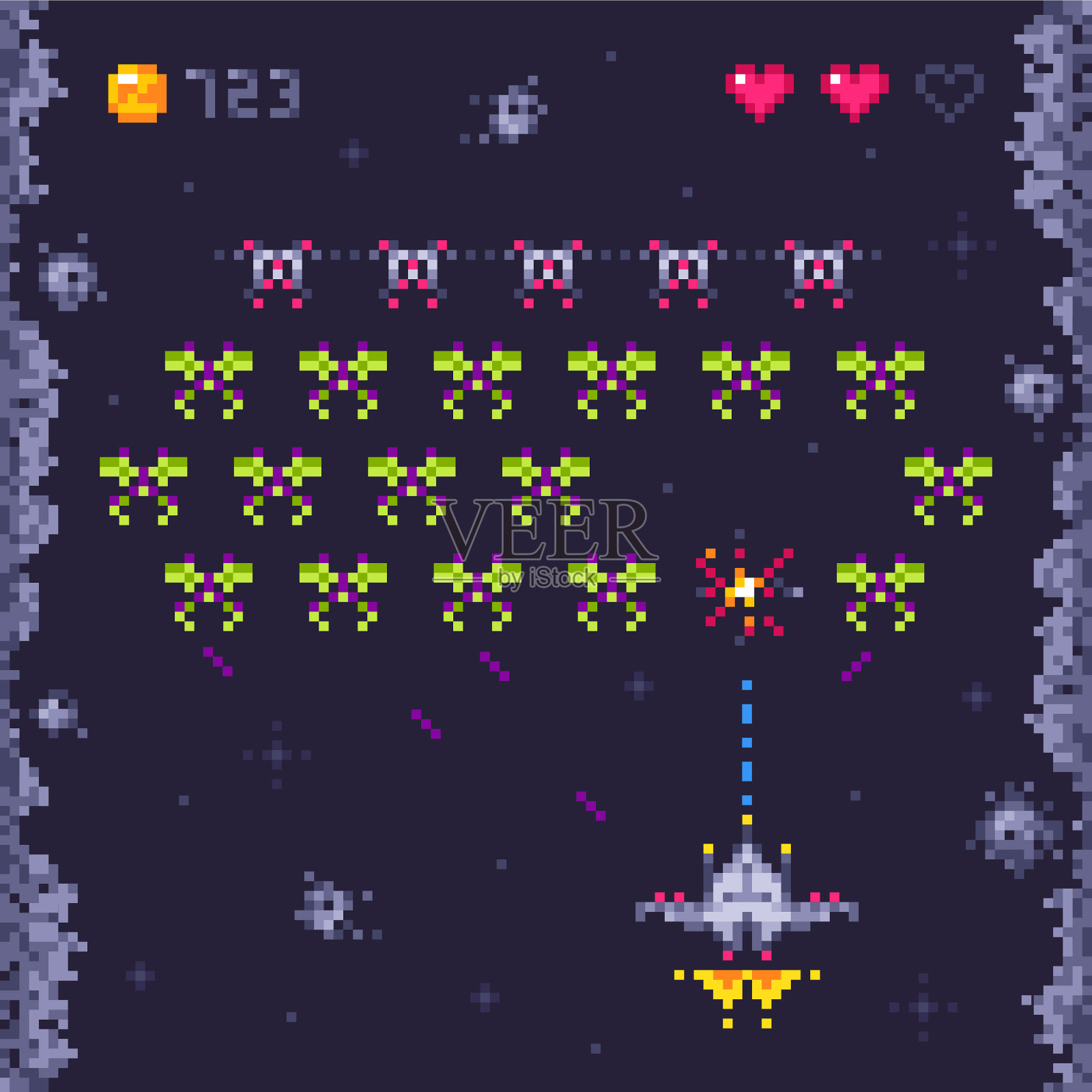 太空街机游戏关卡复古入侵者像素艺术插画图片素材