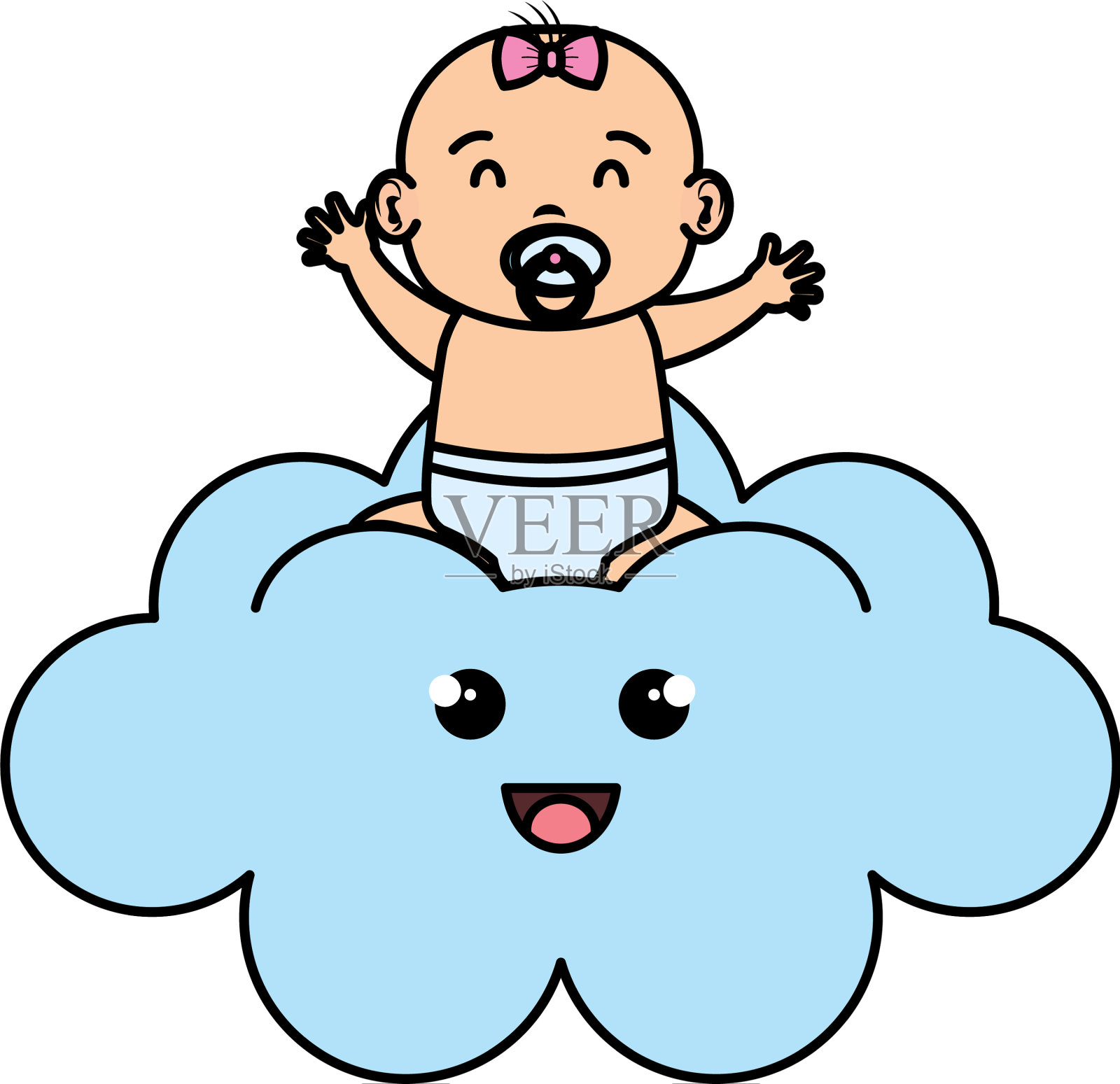 可爱的小女孩宝宝在云插画图片素材