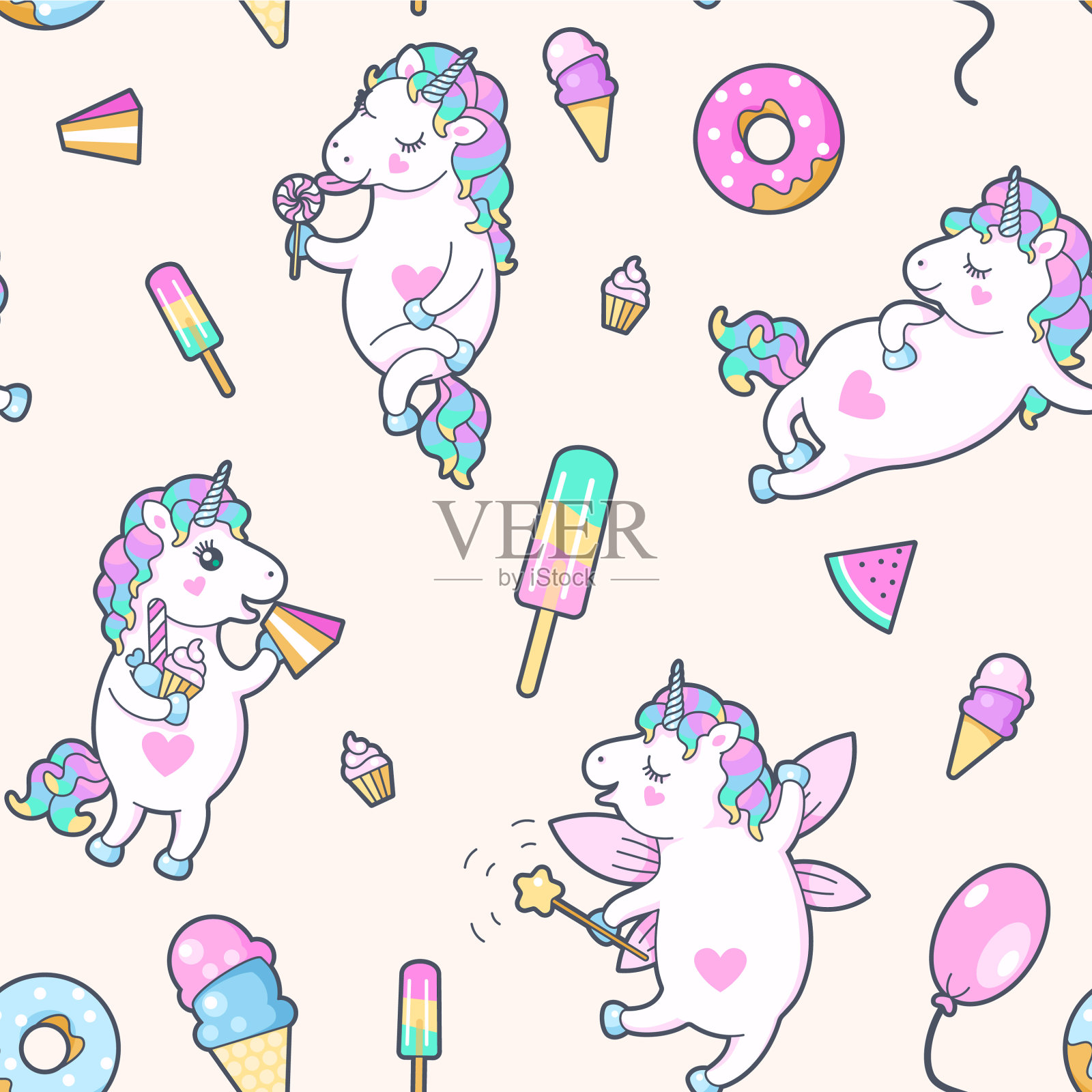 无缝图案和可爱的小独角兽插画图片素材