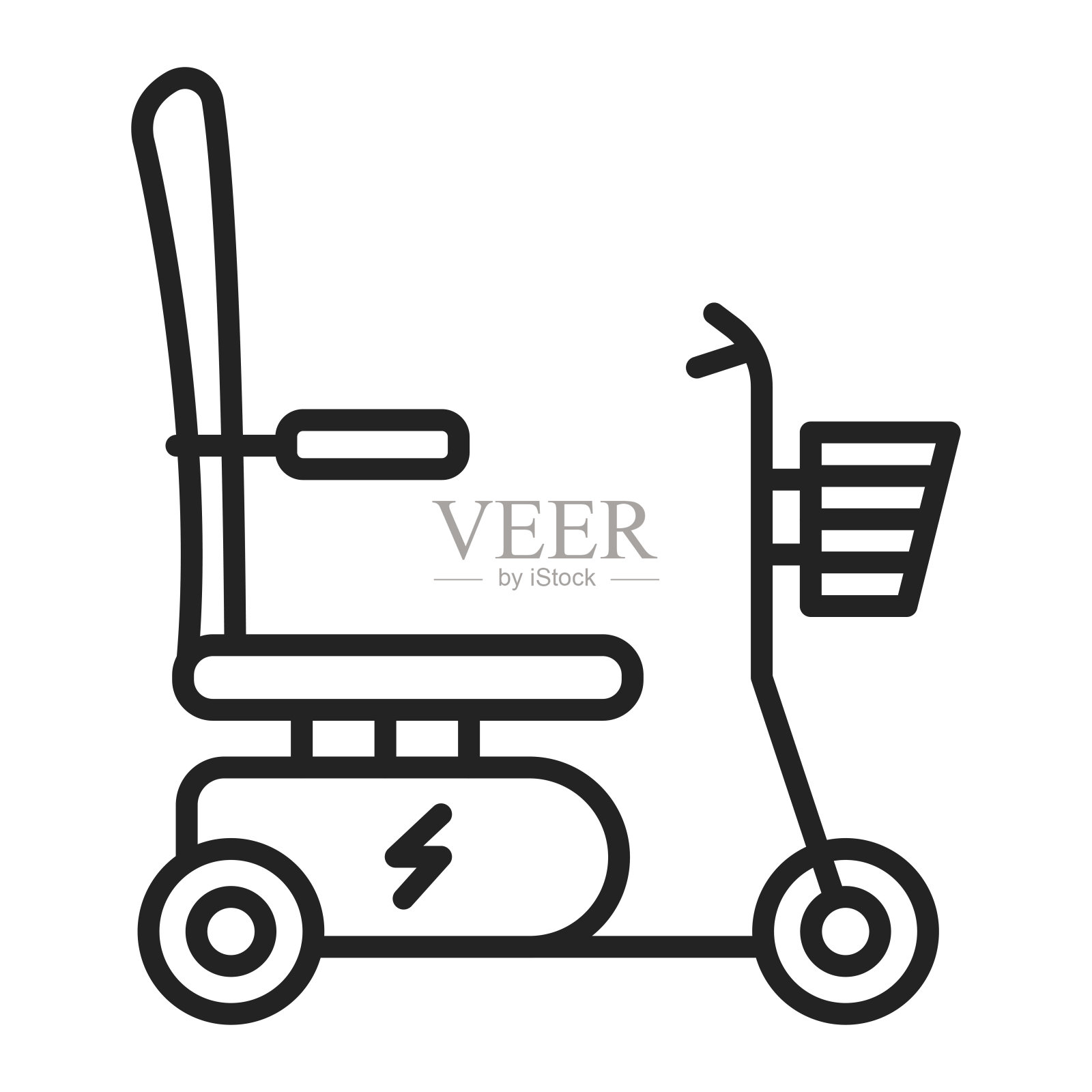 电动轮椅为残疾人的黑线图标。孤立的向量元素。用于网页、手机应用、促销的轮廓象形图。设计元素图片
