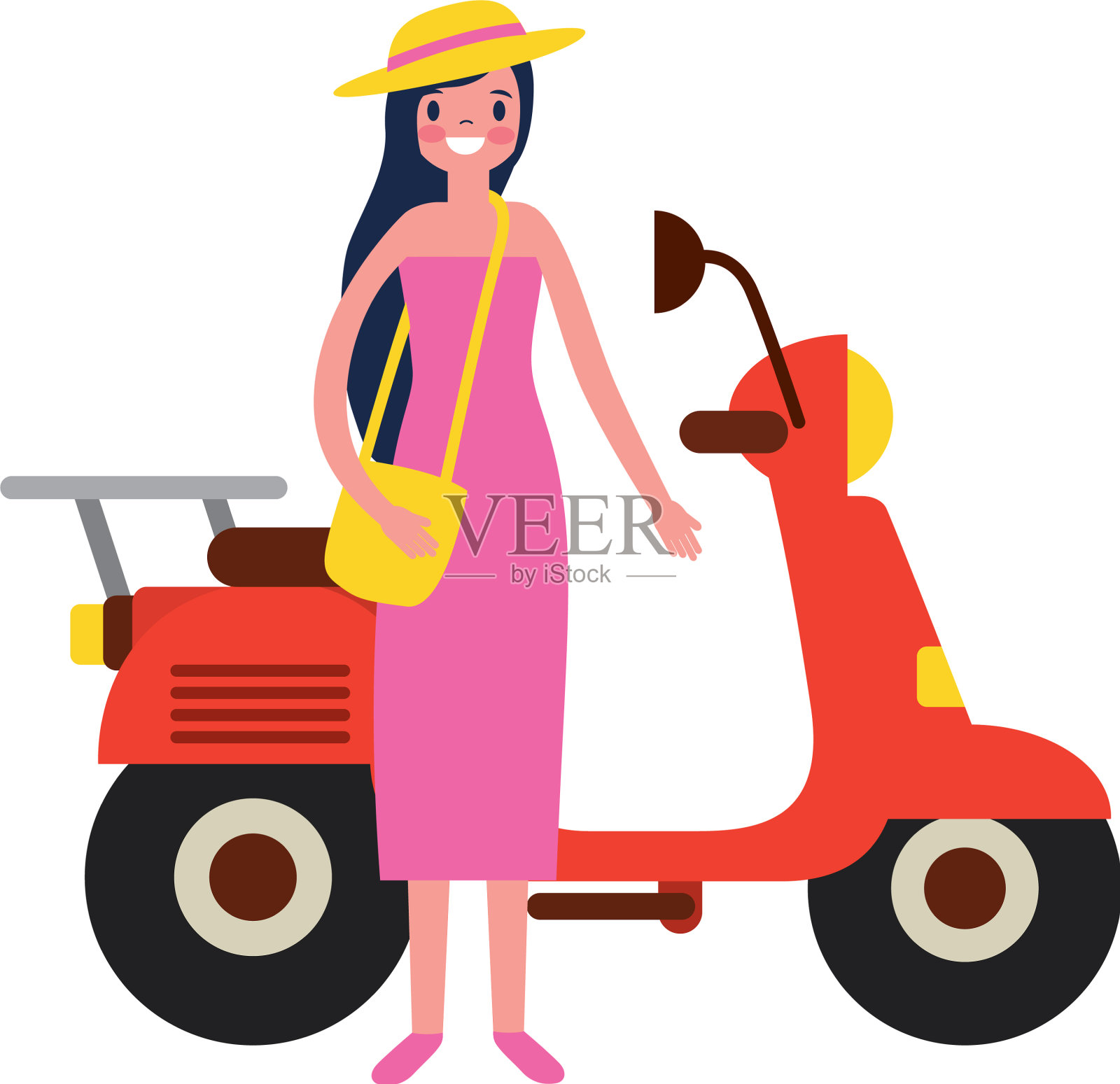 一个拿着包的女人站在摩托车旁边设计元素图片