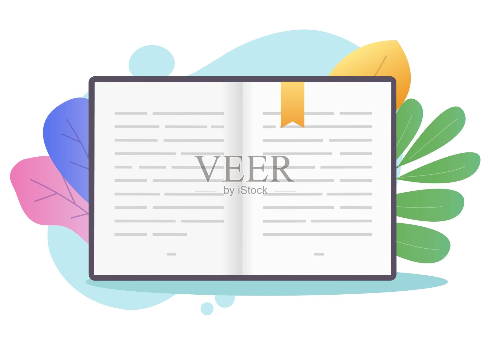 书的打开页与文本或教科书纸与书签矢量平面卡通插图上彩色的背景，百科全书或教科书文学，记事本或笔记本笔记的想法插画图片素材