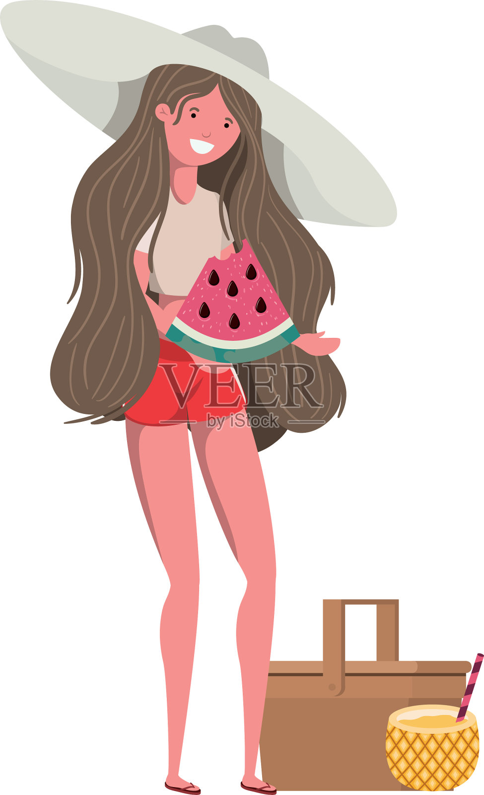 穿着泳衣和西瓜的女人插画图片素材