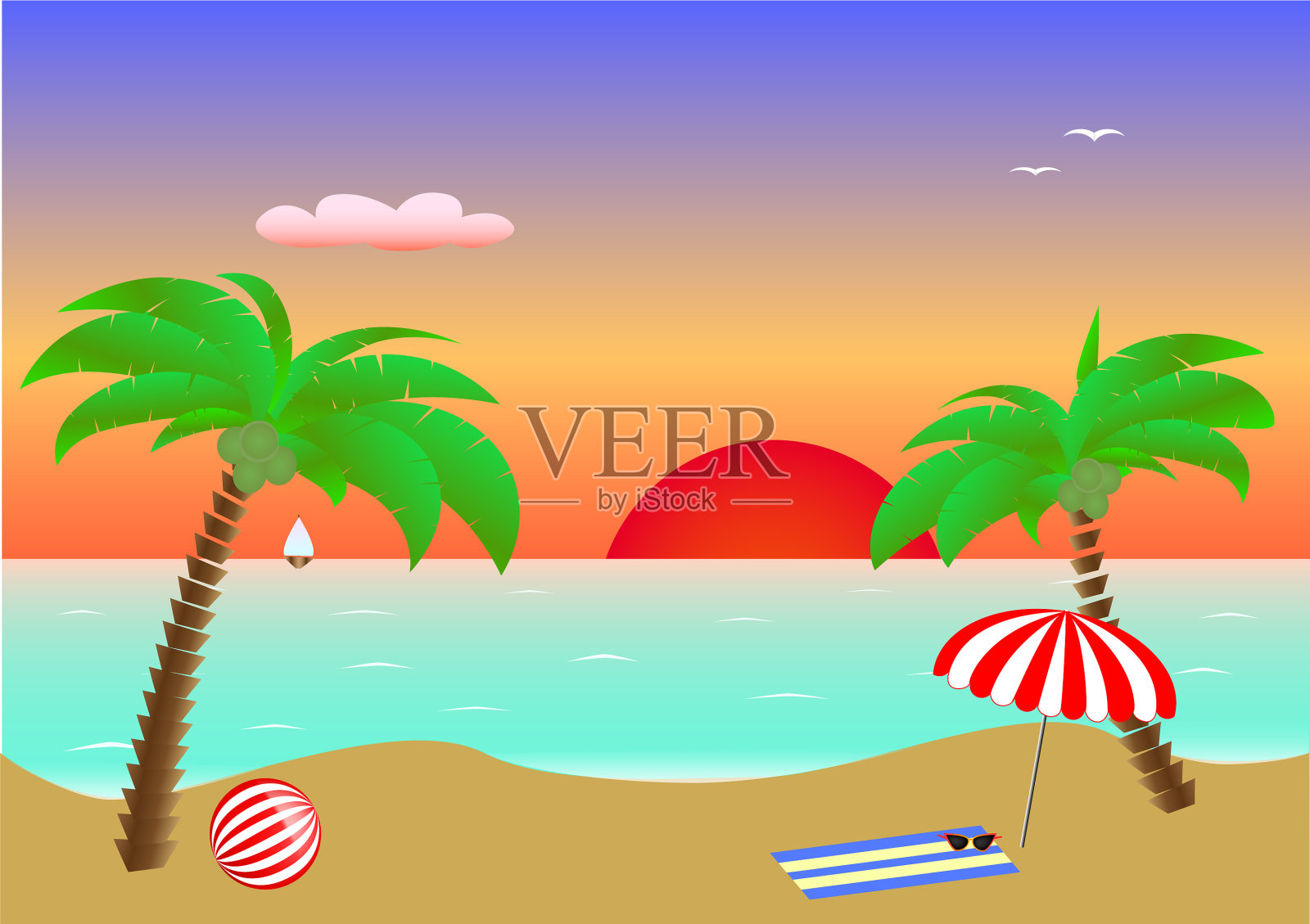 海景日落两棵棕榈树和海滩配件插画图片素材