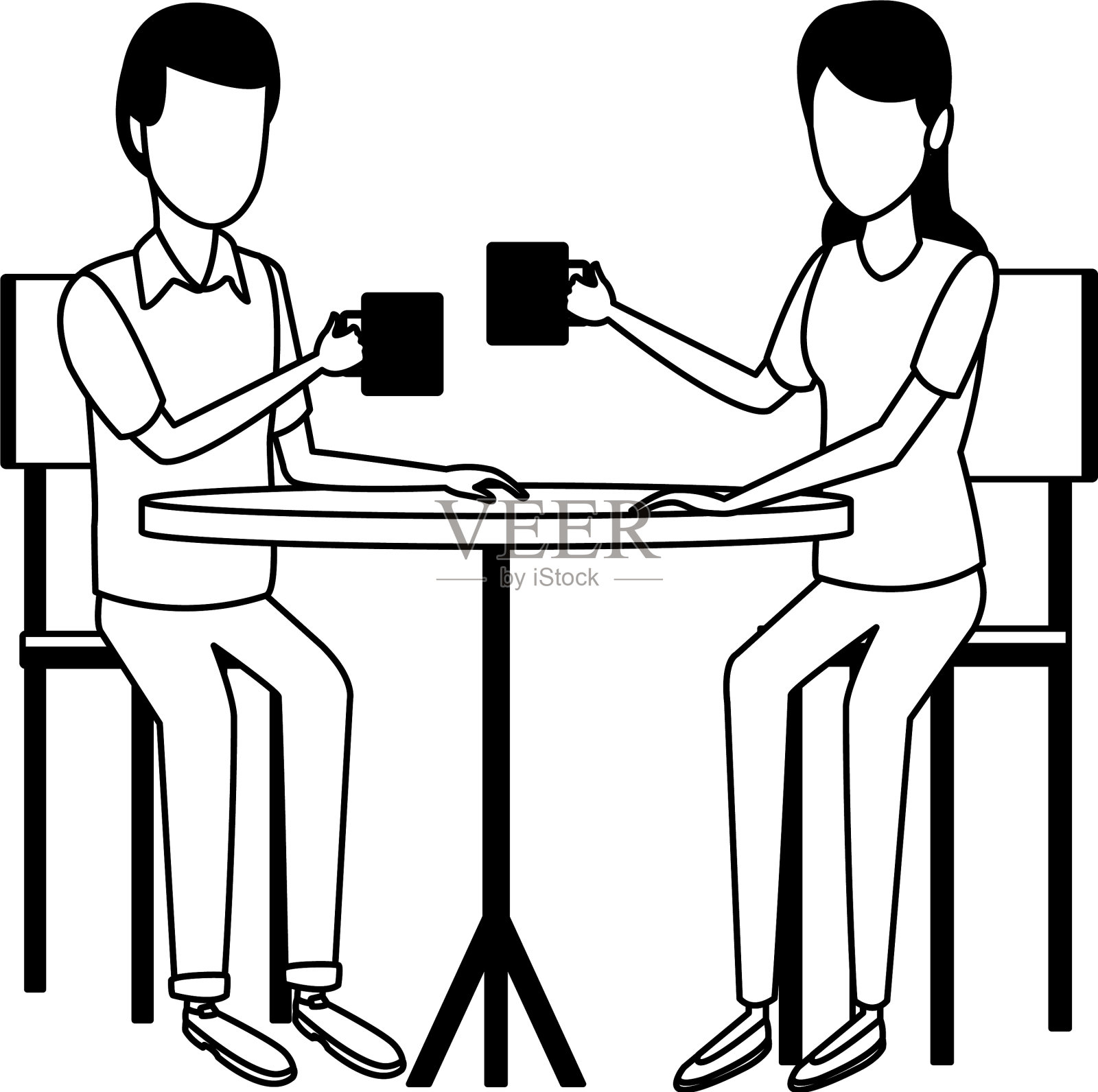 一对情侣在黑白的桌子上喝咖啡插画图片素材