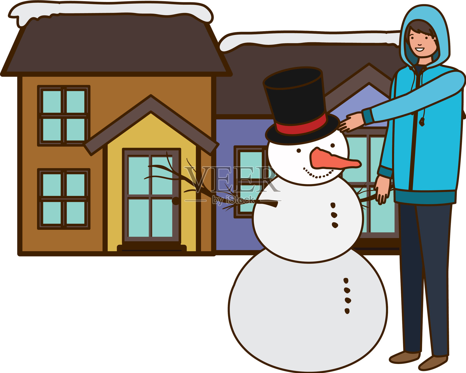 房子外面有雪人插画图片素材