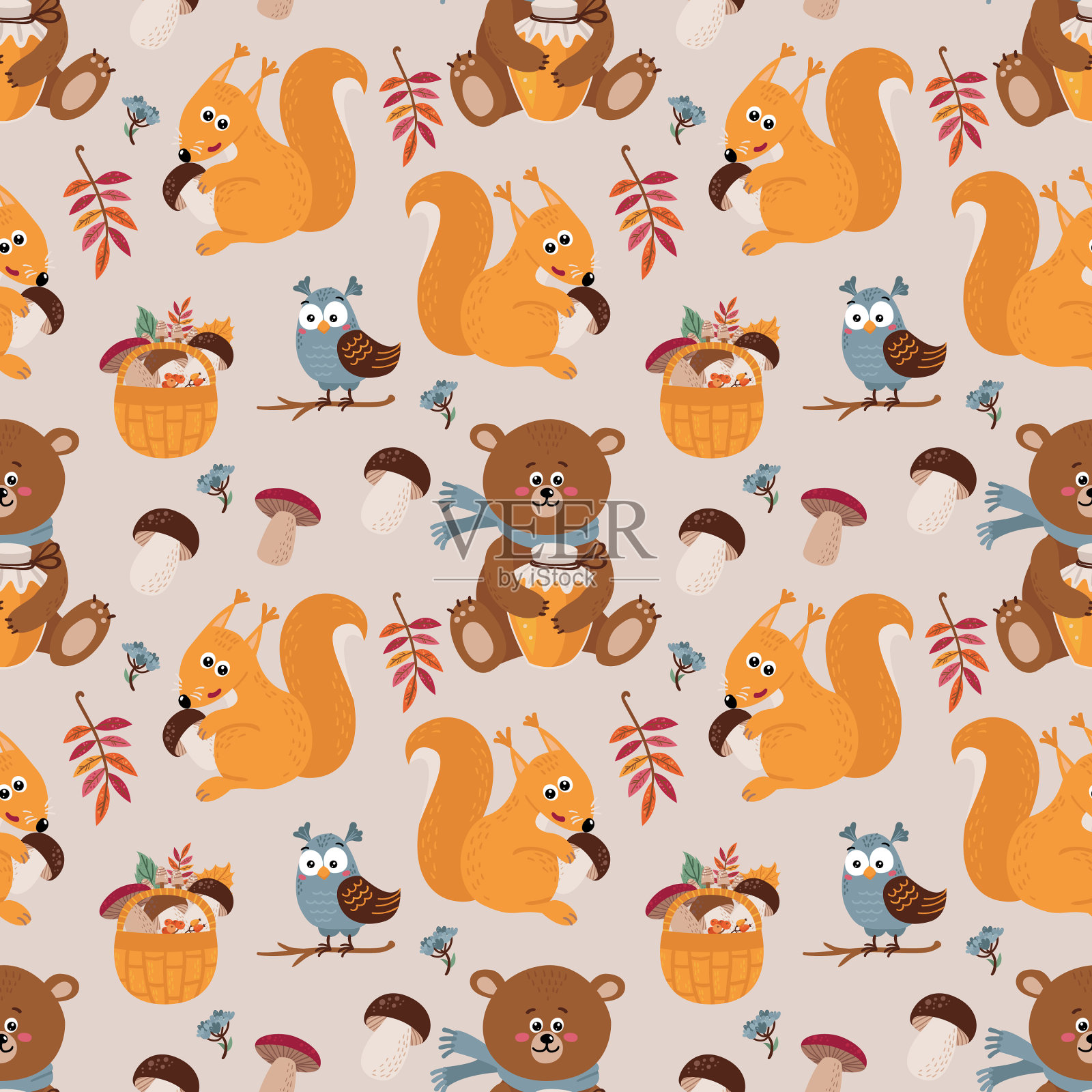无缝图案与可爱的熊、松鼠、猫头鹰插画图片素材