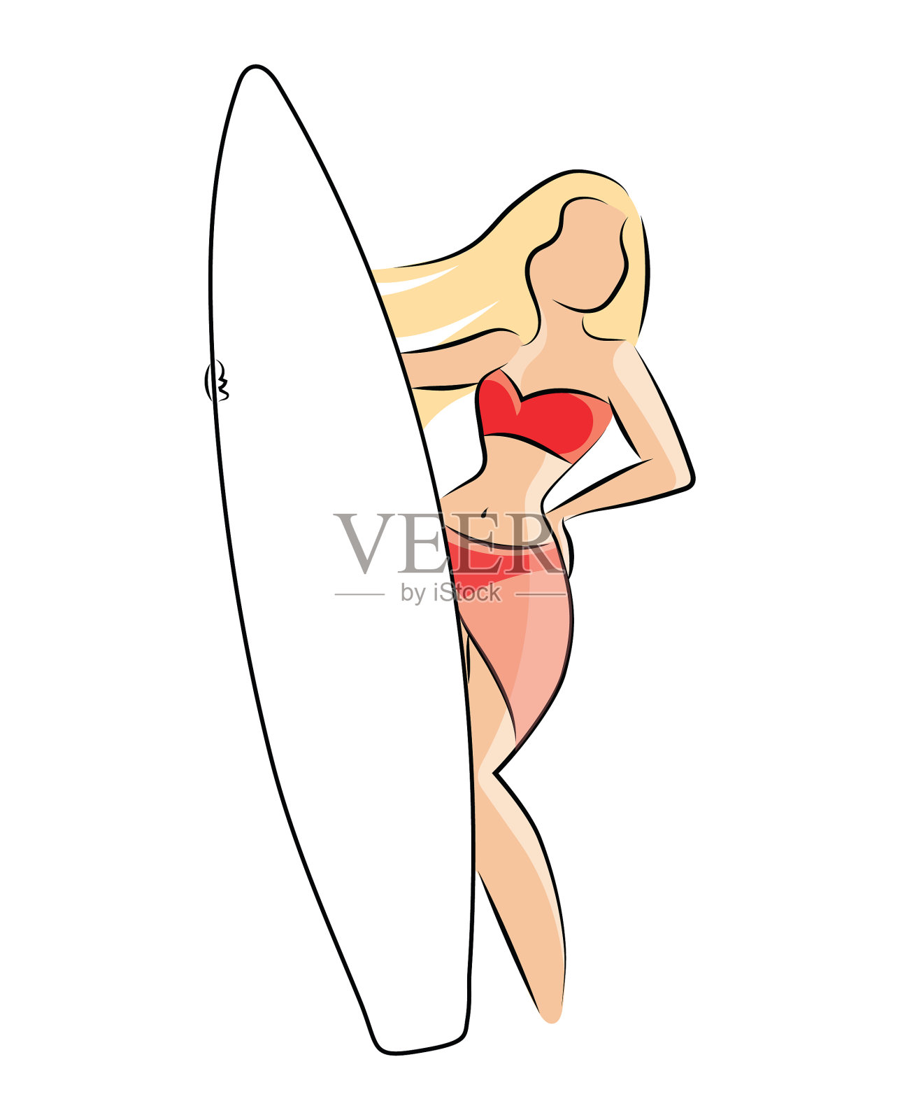 女孩与冲浪板风格化冲浪者的轮廓设计元素图片