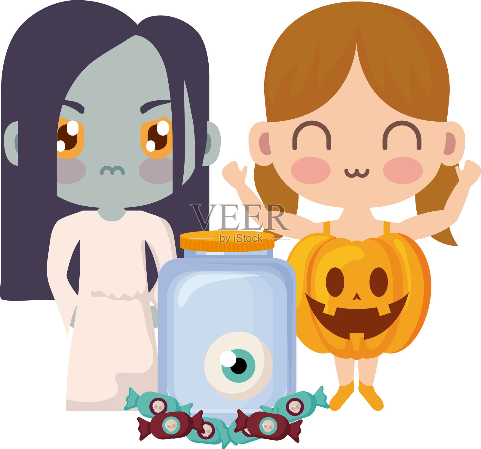 可爱的孩子用图标装扮万圣节设计元素图片