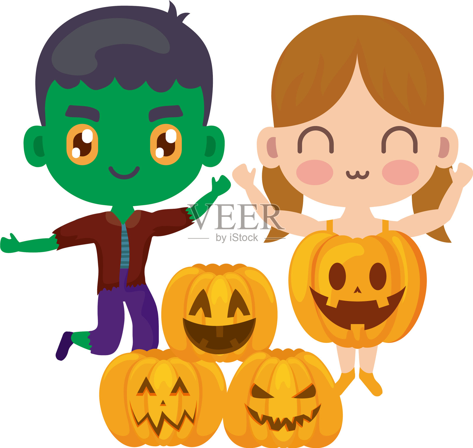 可爱的孩子用图标装扮万圣节设计元素图片