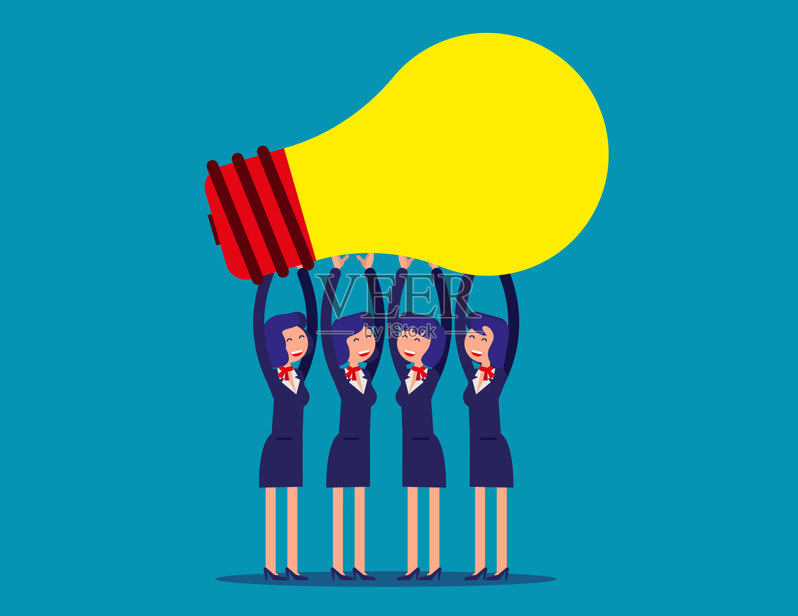 商业女性团队举着点子灯泡插画图片素材