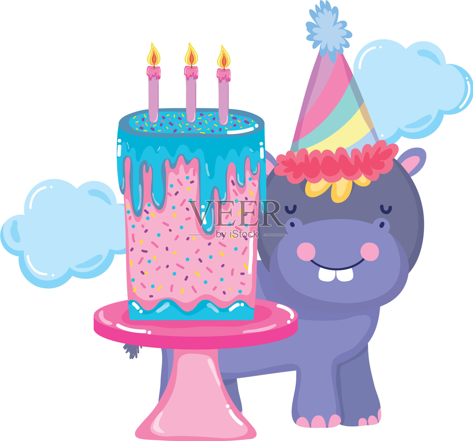 可爱的小河马人物，戴着派对帽设计元素图片