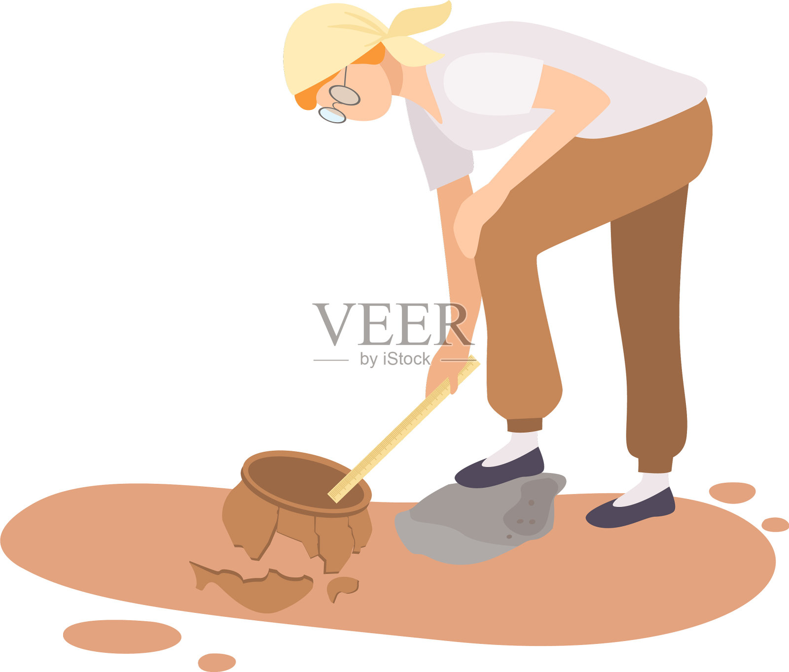 女考古学家研究和测量设计元素图片