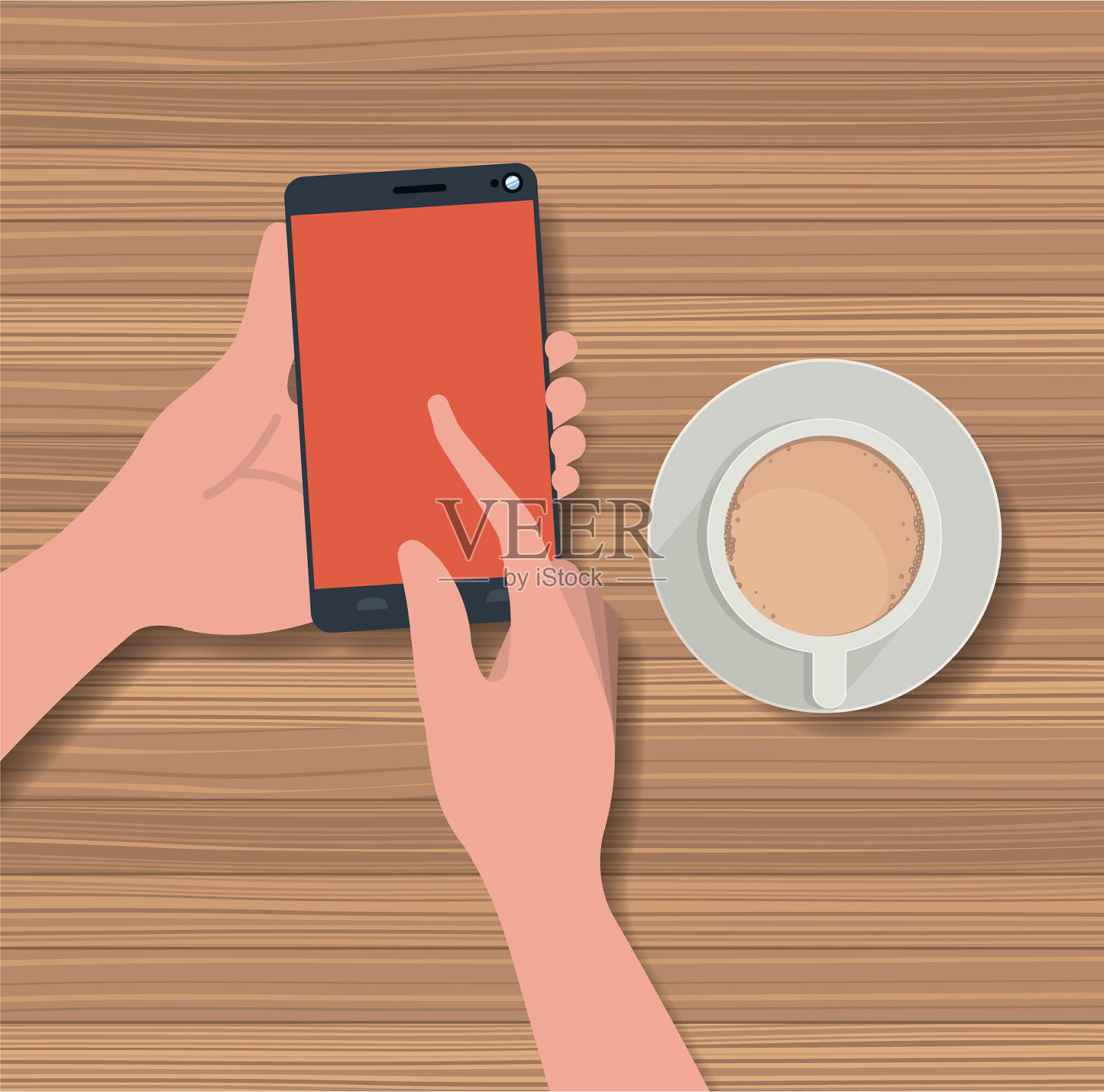 手用智能手机，咖啡杯在里面插画图片素材