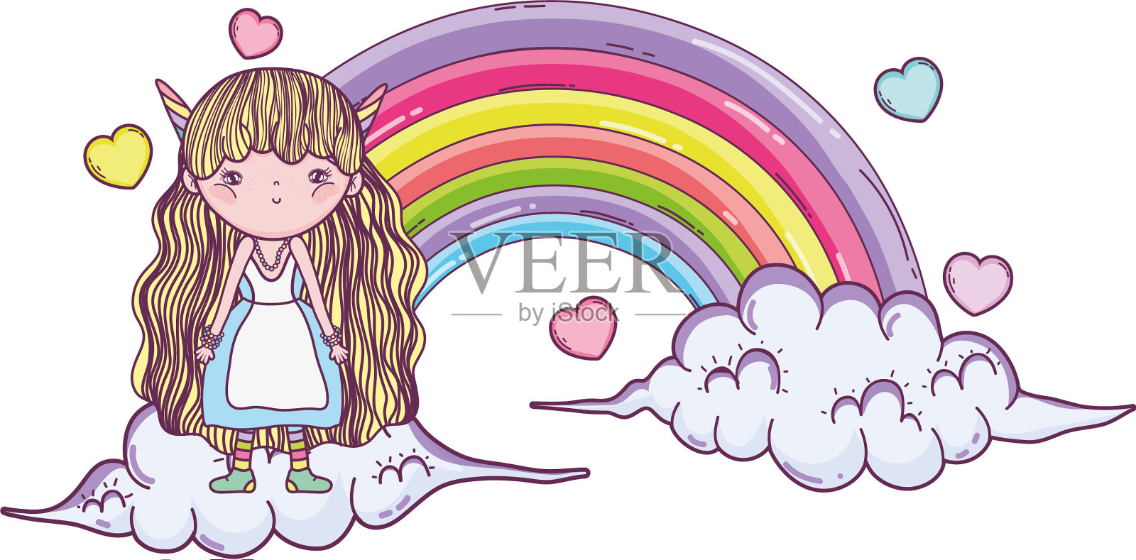有彩虹和云彩的可爱小仙女设计元素图片