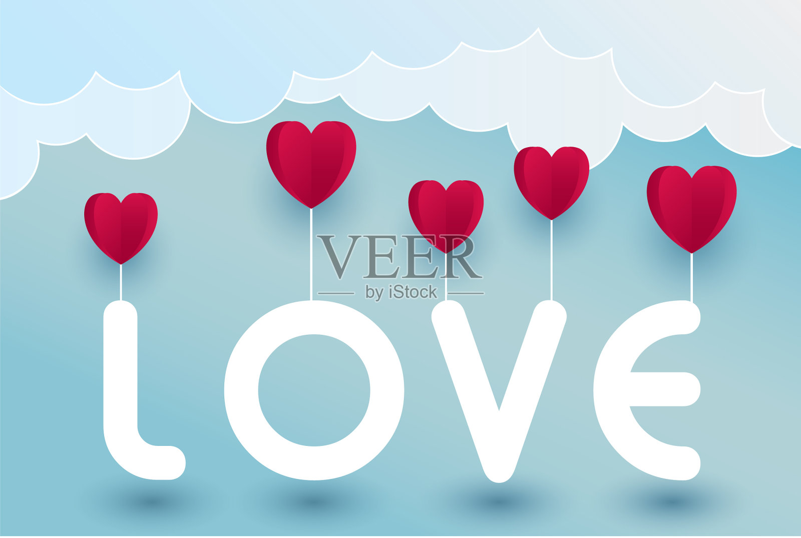 纸上艺术的心和爱的文字在天空的概念插画图片素材