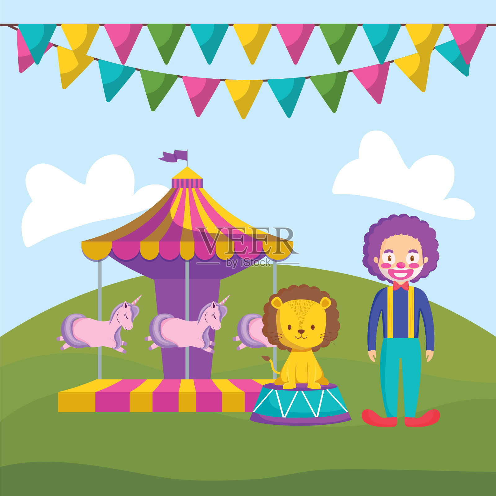 可爱的马戏团狮子在舞台上与小丑插画图片素材