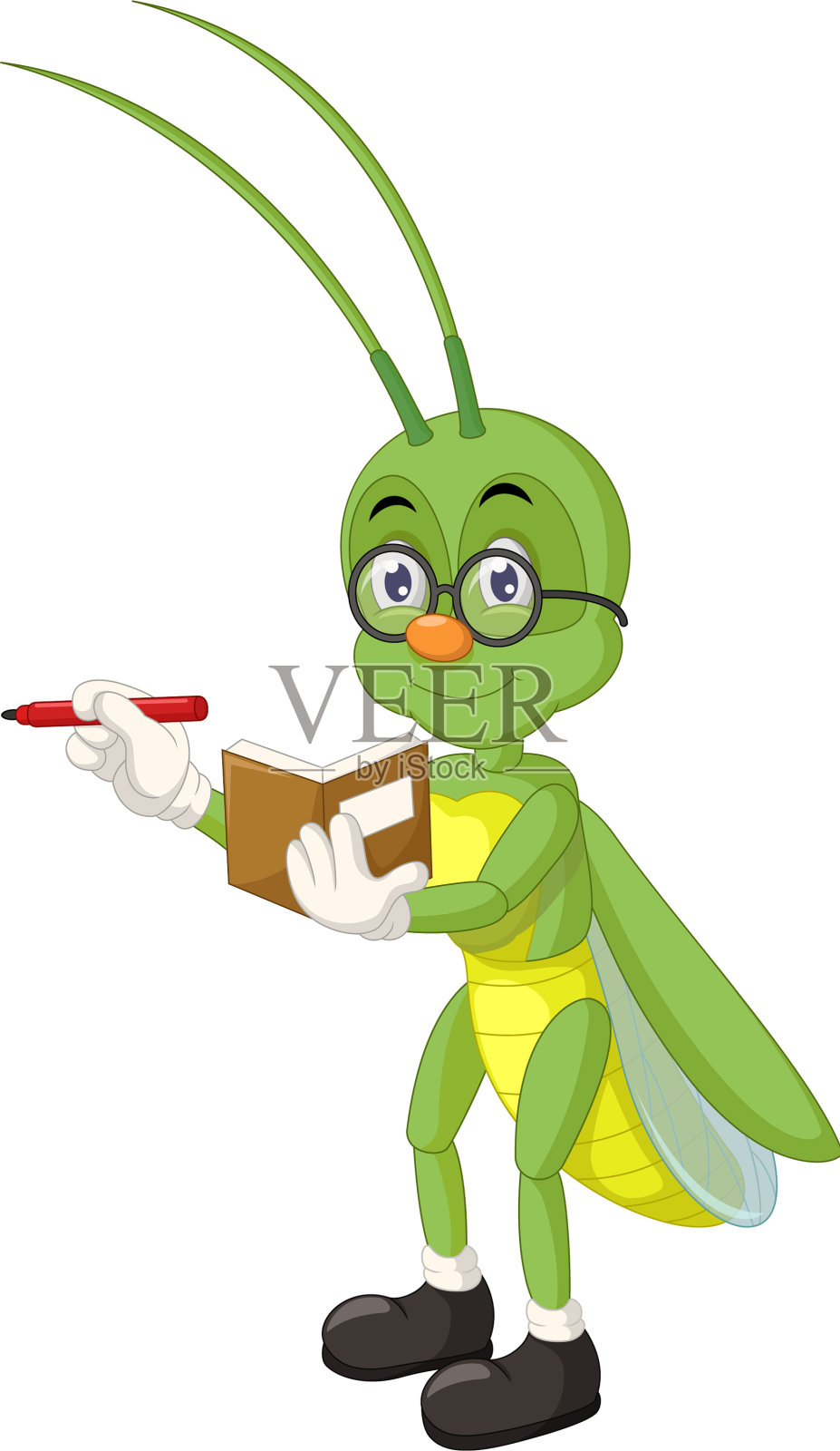 可爱的绿色蚱蜢红钢笔和棕色的书设计元素图片