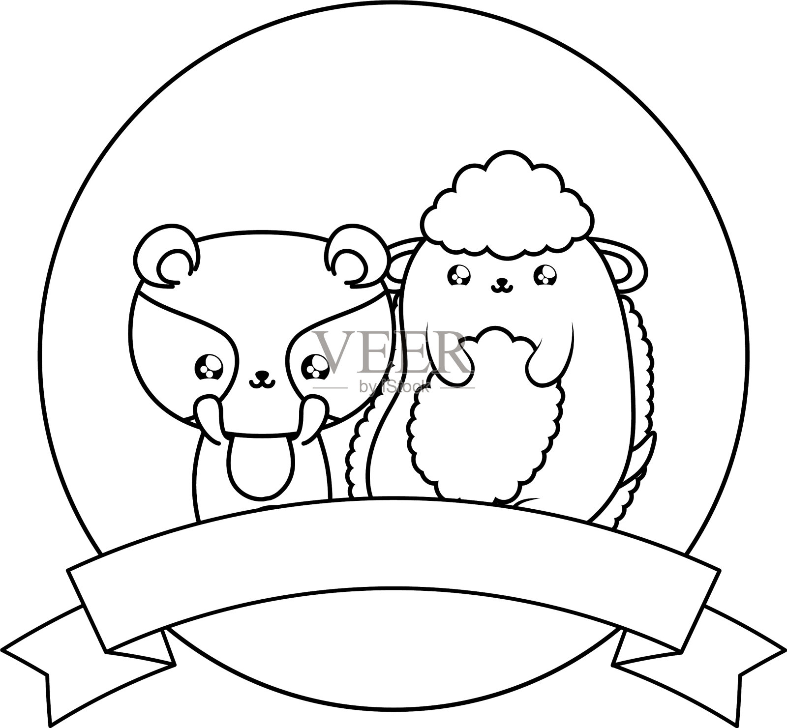 可爱的浣熊和绵羊巴动物卡哇伊设计元素图片