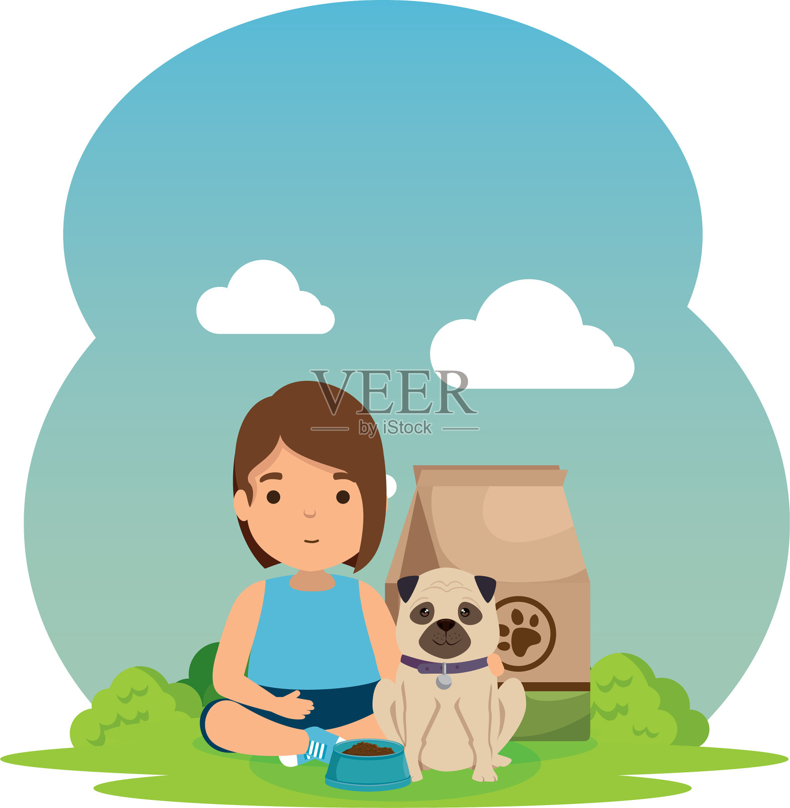 可爱的小女孩，小狗和食物袋在设计元素图片