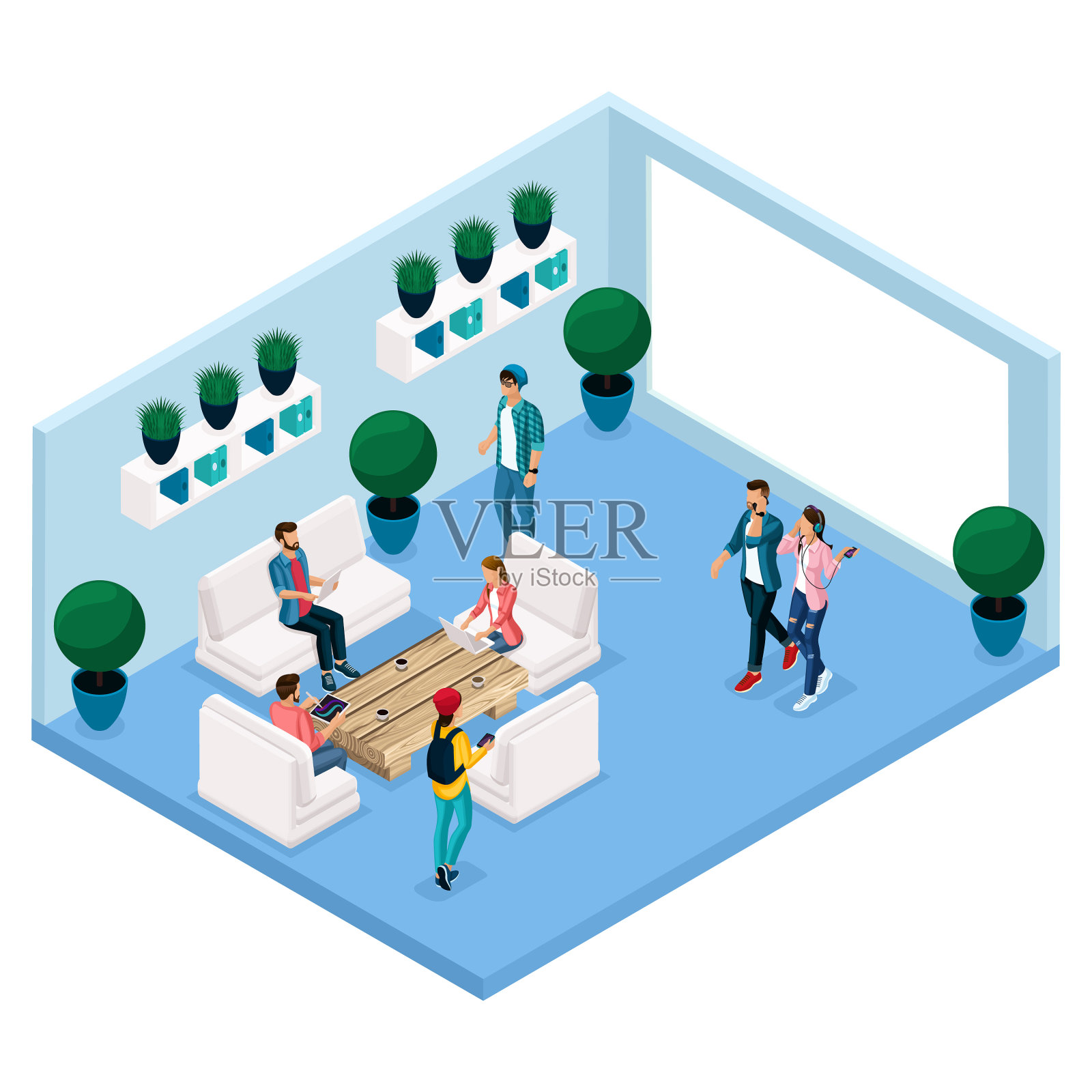 等距共同工作中心的自由职业者年轻人设计元素图片