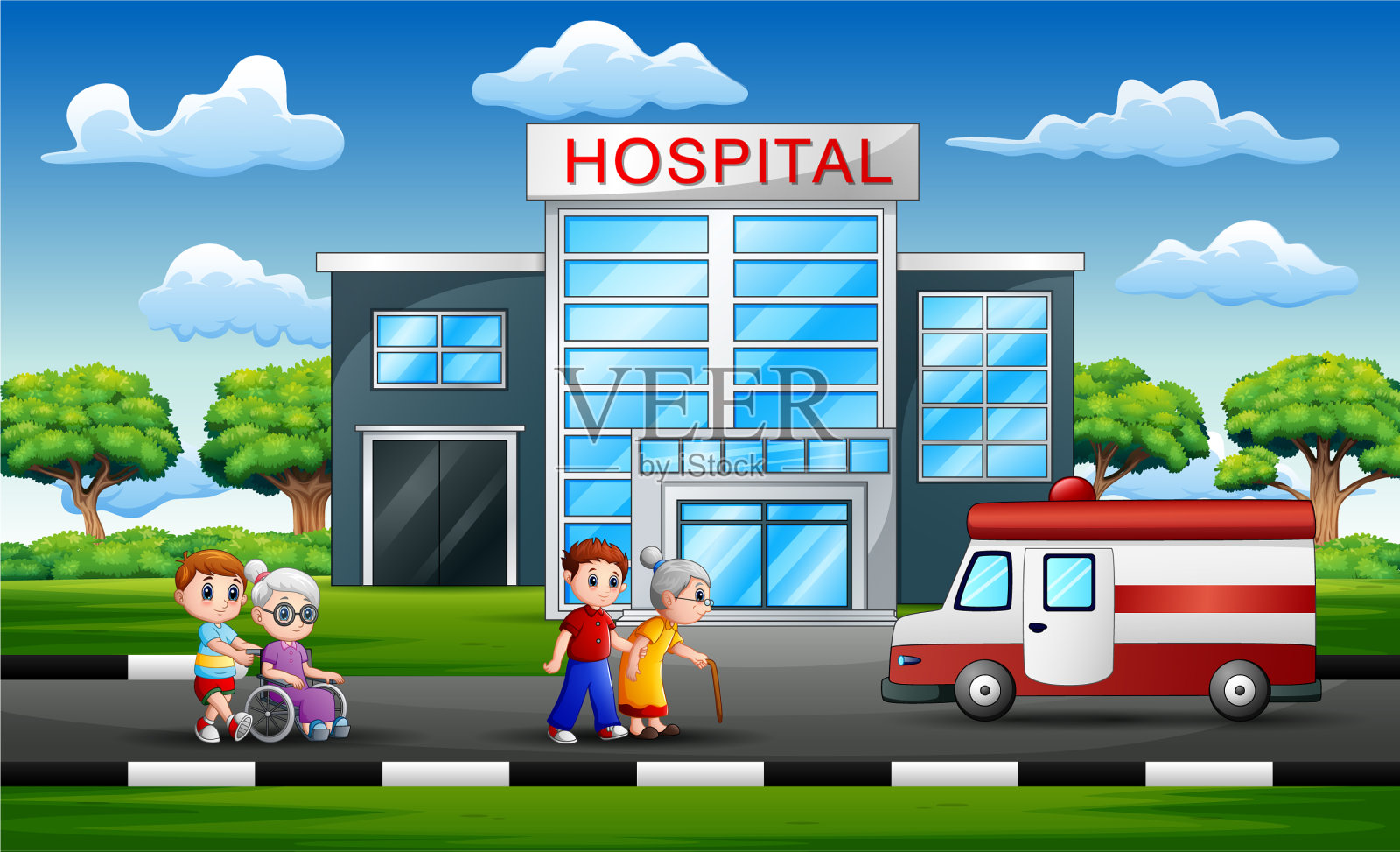 前面医院的老年病人插画图片素材