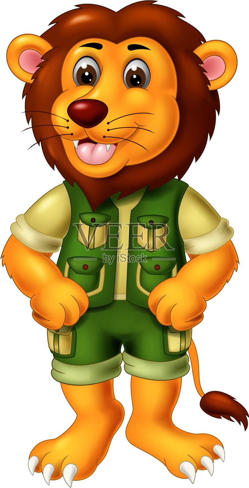 滑稽的橙棕色狮子在绿色制服卡通设计元素图片