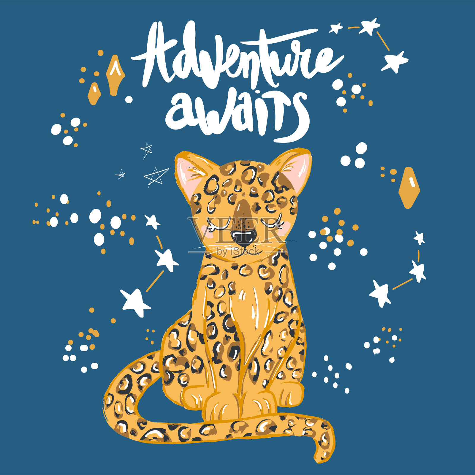 可爱的豹平面手绘插图。印度豹，美洲虎的文字。丛林，热带雨林，草原动物。非洲食肉动物。动物园,safari哺乳动物。旅行明信片，儿童图书剪贴画插画图片素材