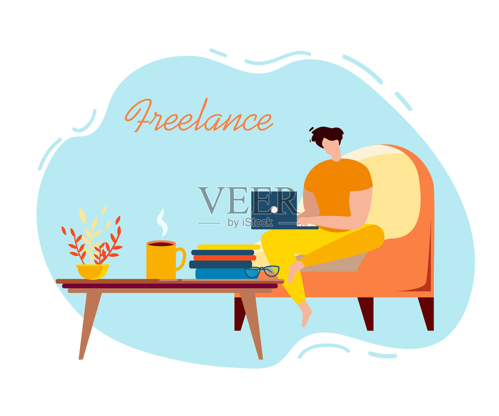 卡通自由男坐在扶手椅上笔记本工作设计元素图片