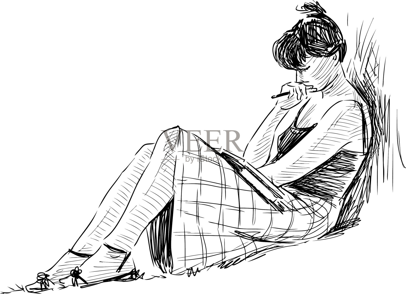 素描阅读的女孩插画图片素材