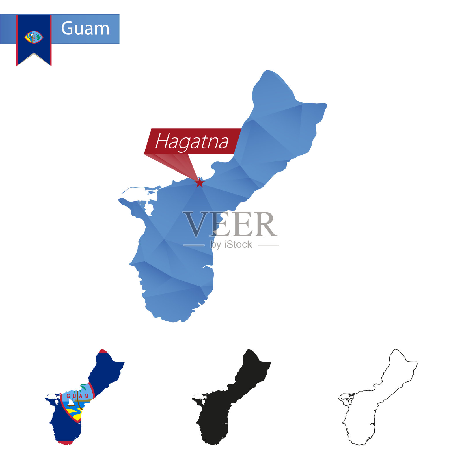 关岛蓝色低聚地图与首都哈加特纳插画图片素材
