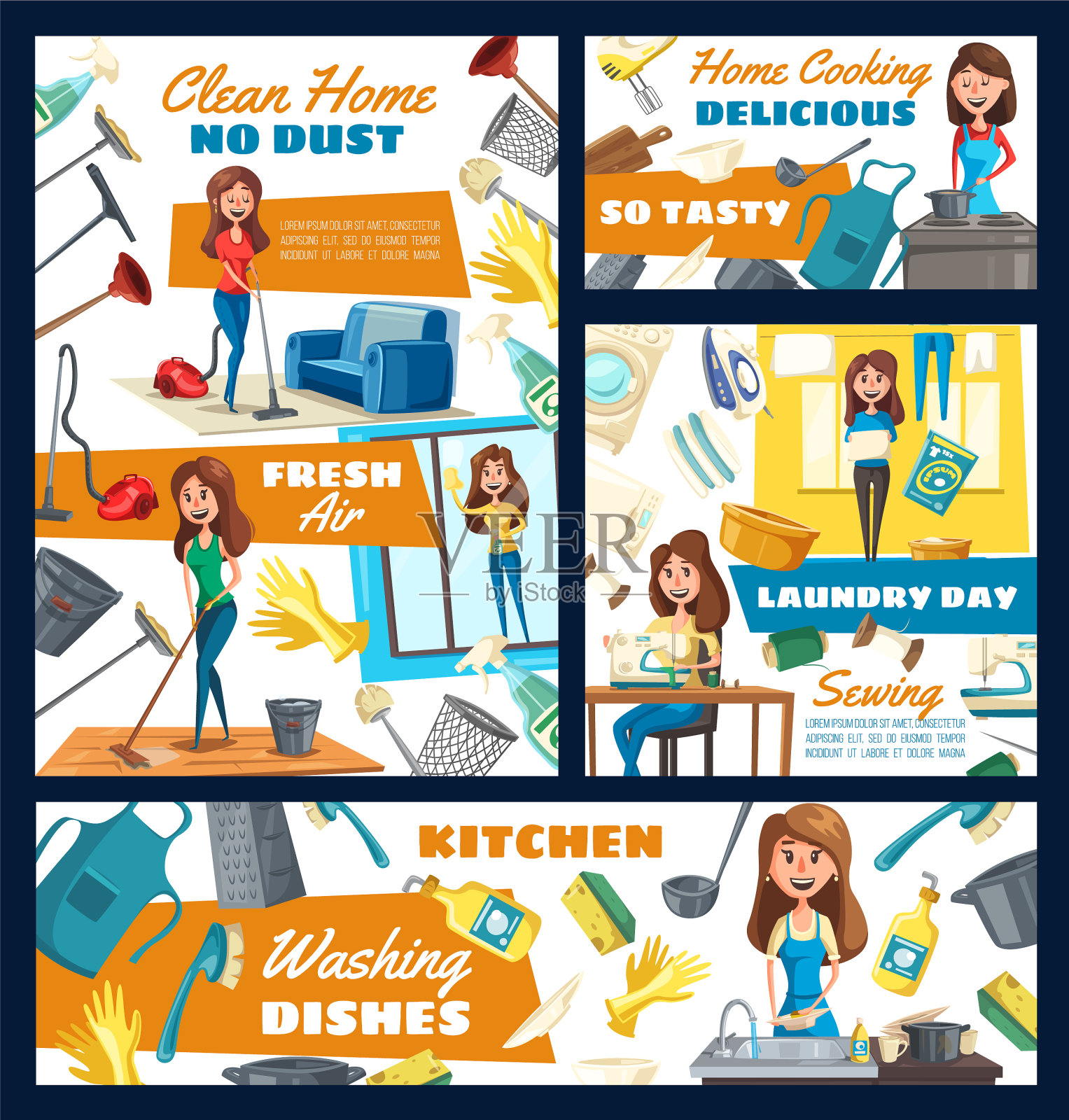 打扫房间，洗衣服，洗碗插画图片素材