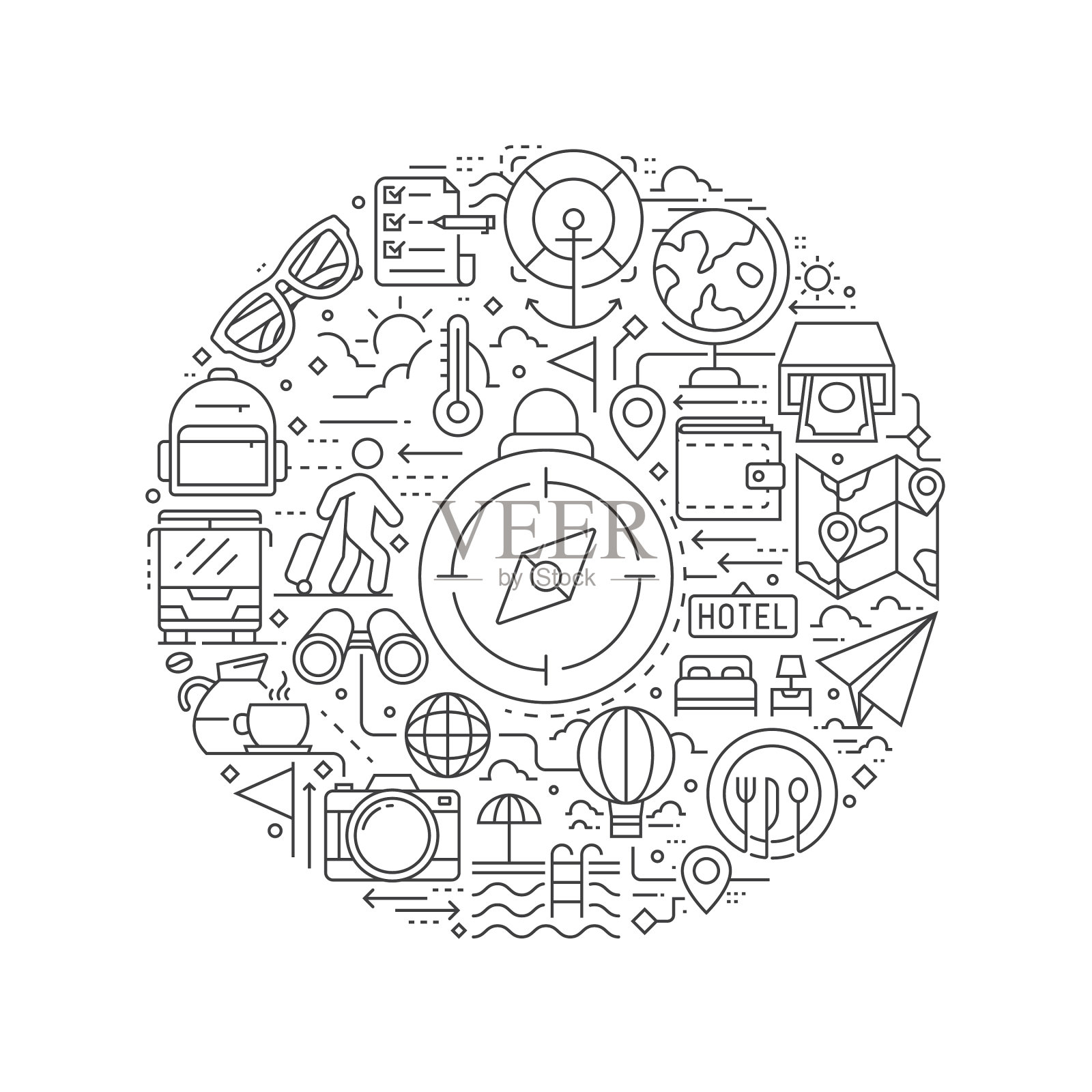 带有旅行图标的圆形设计元素图标素材