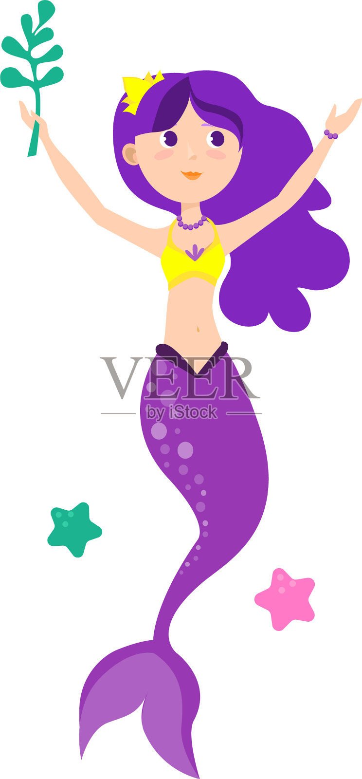 年轻美丽的美人鱼与紫色的头发和设计元素图片