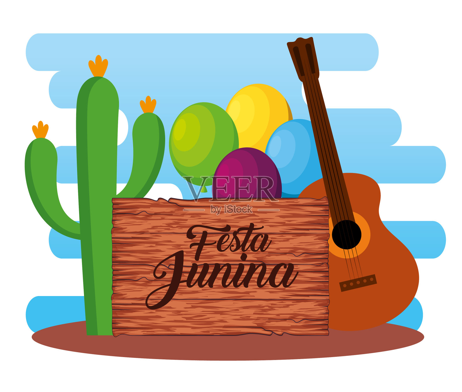 带有仙人掌植物和吉他的木质标志设计元素图片