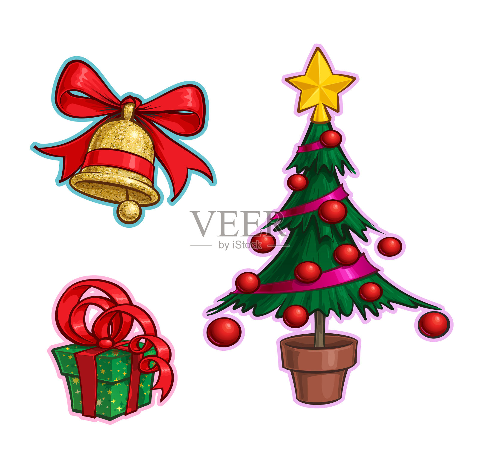 圣诞卡通图标集钟礼物树设计元素图片