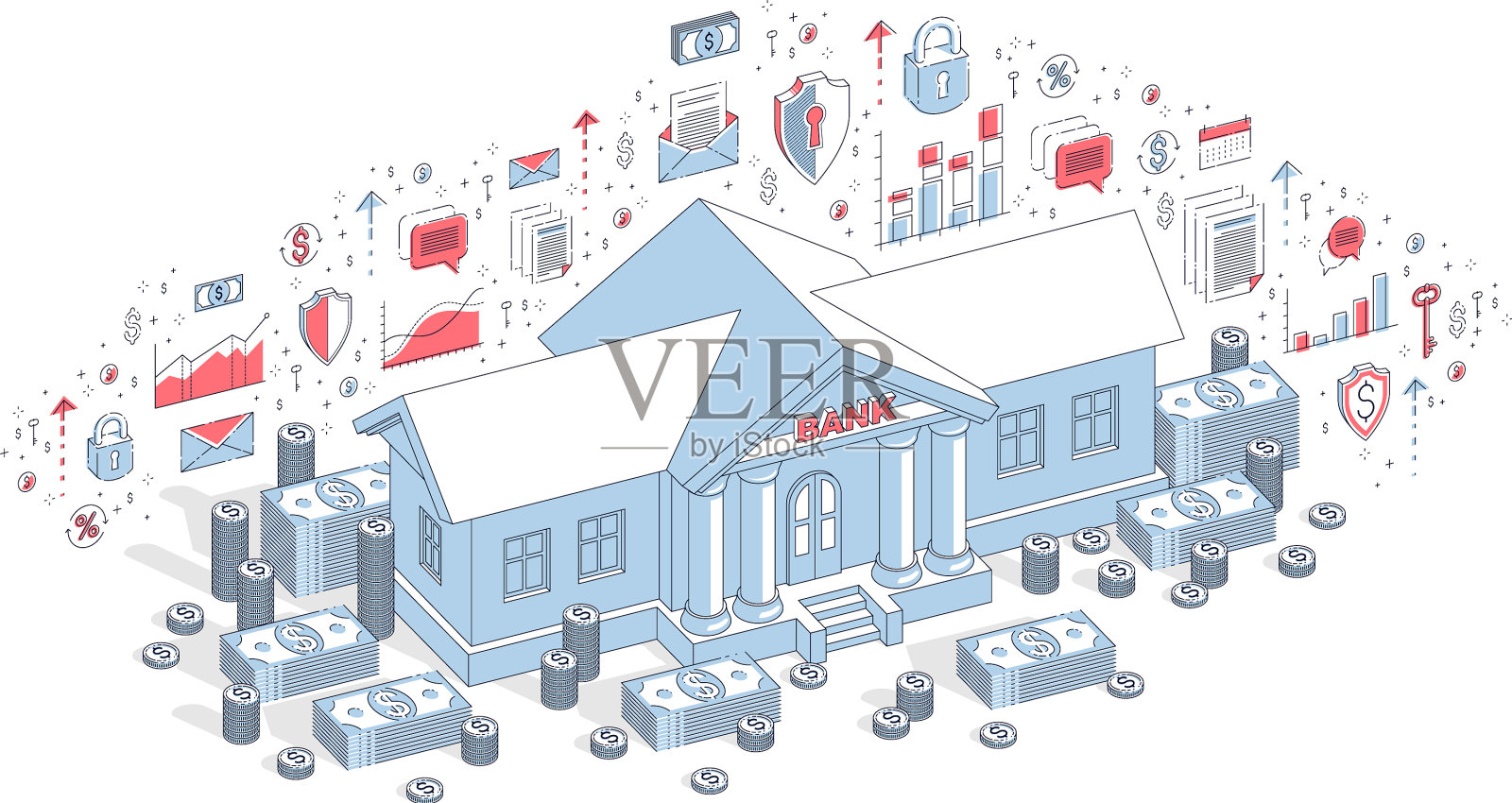 银行主题卡通银行大楼用美元设计元素图片