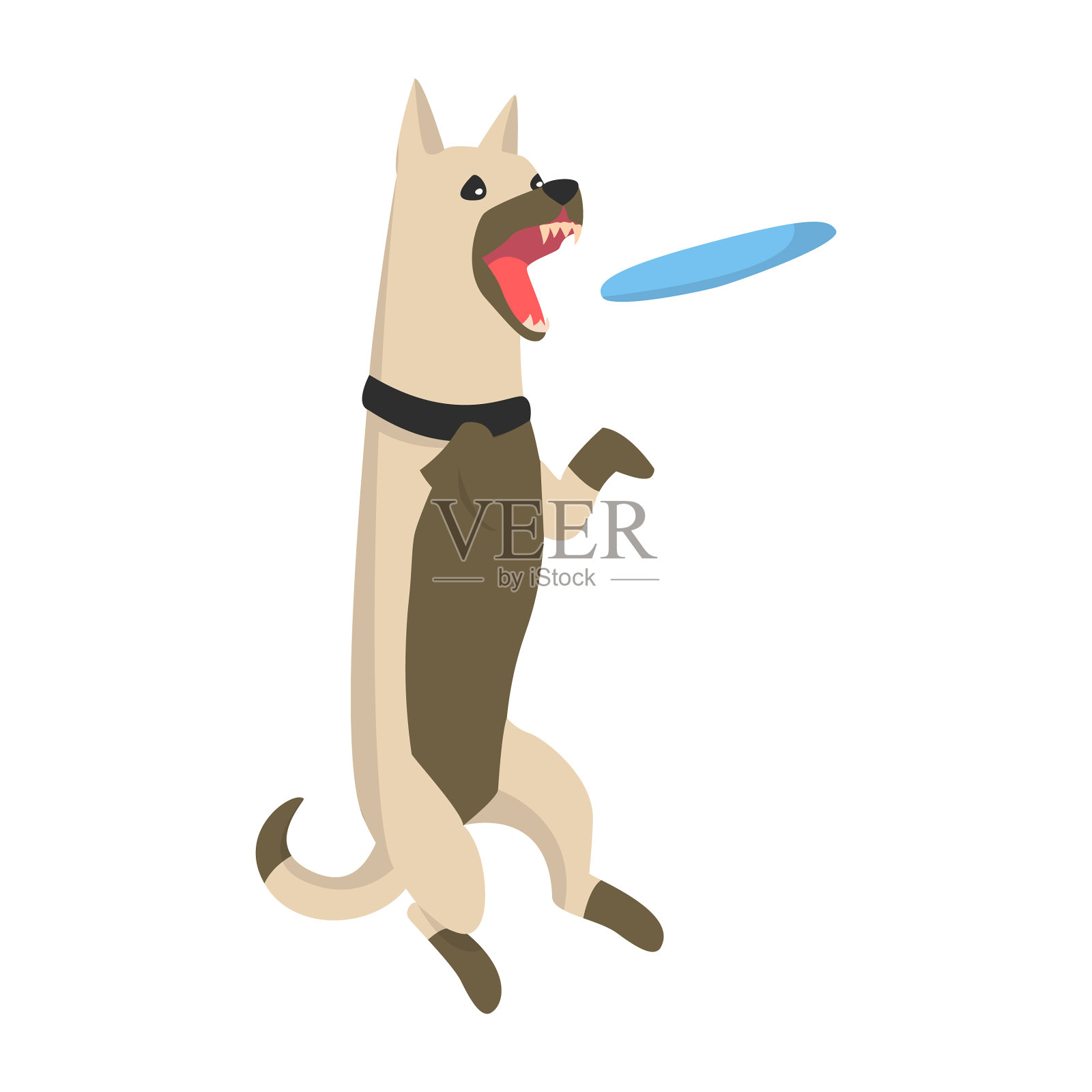 狗跳着抓蓝色飞盘张开了嘴设计元素图片