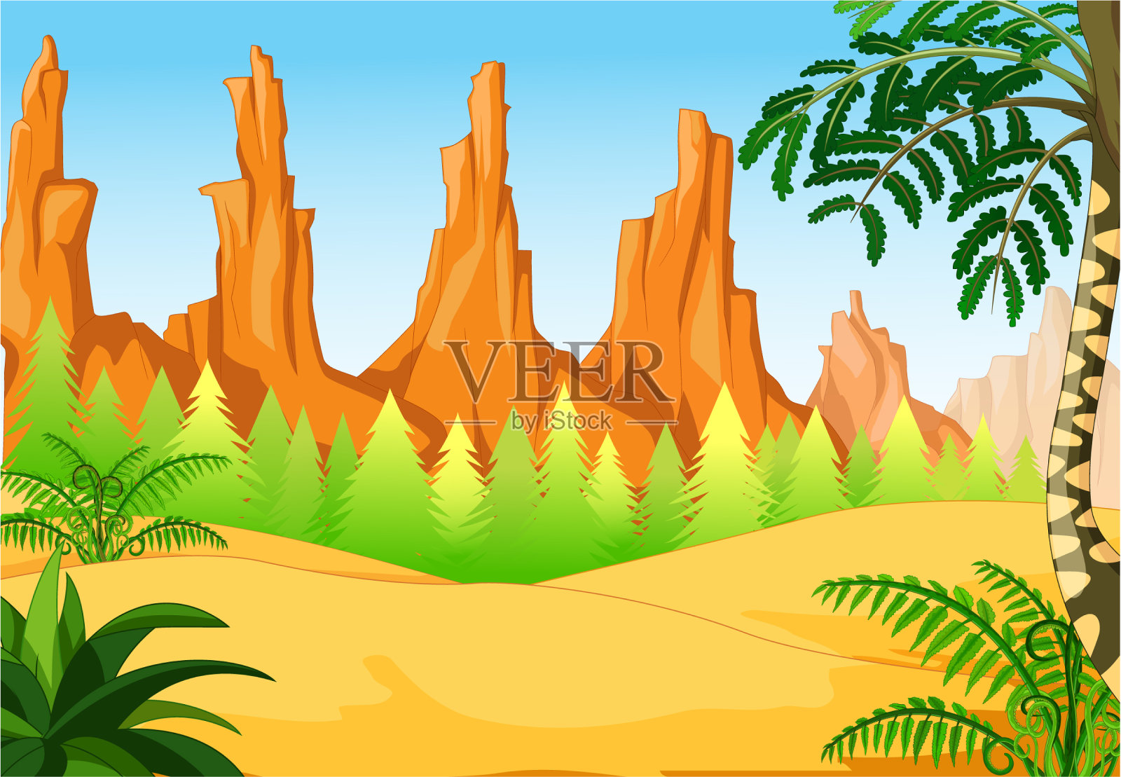 凉爽的沙漠景观与岩石山卡通设计元素图片