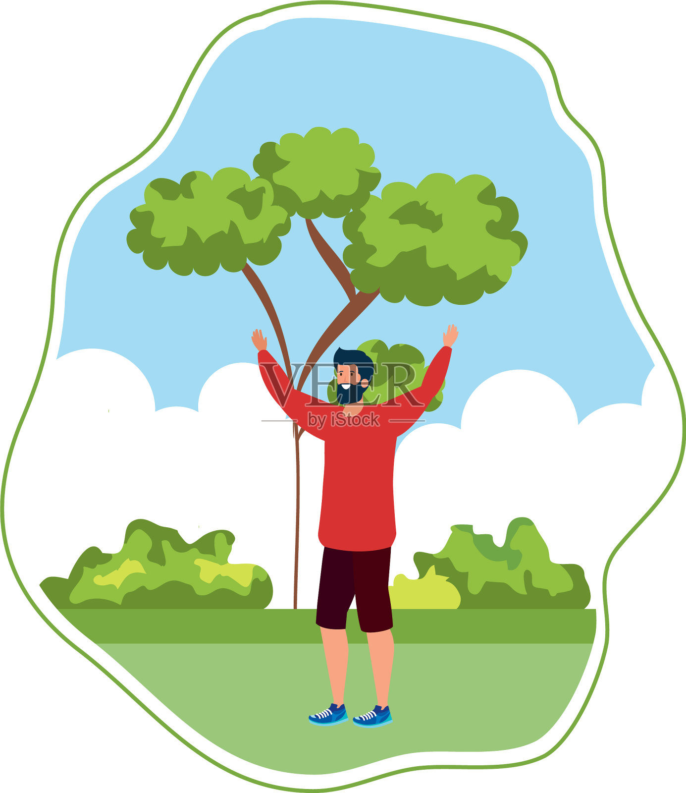 一个留着胡子的快乐年轻人在营地庆祝设计元素图片