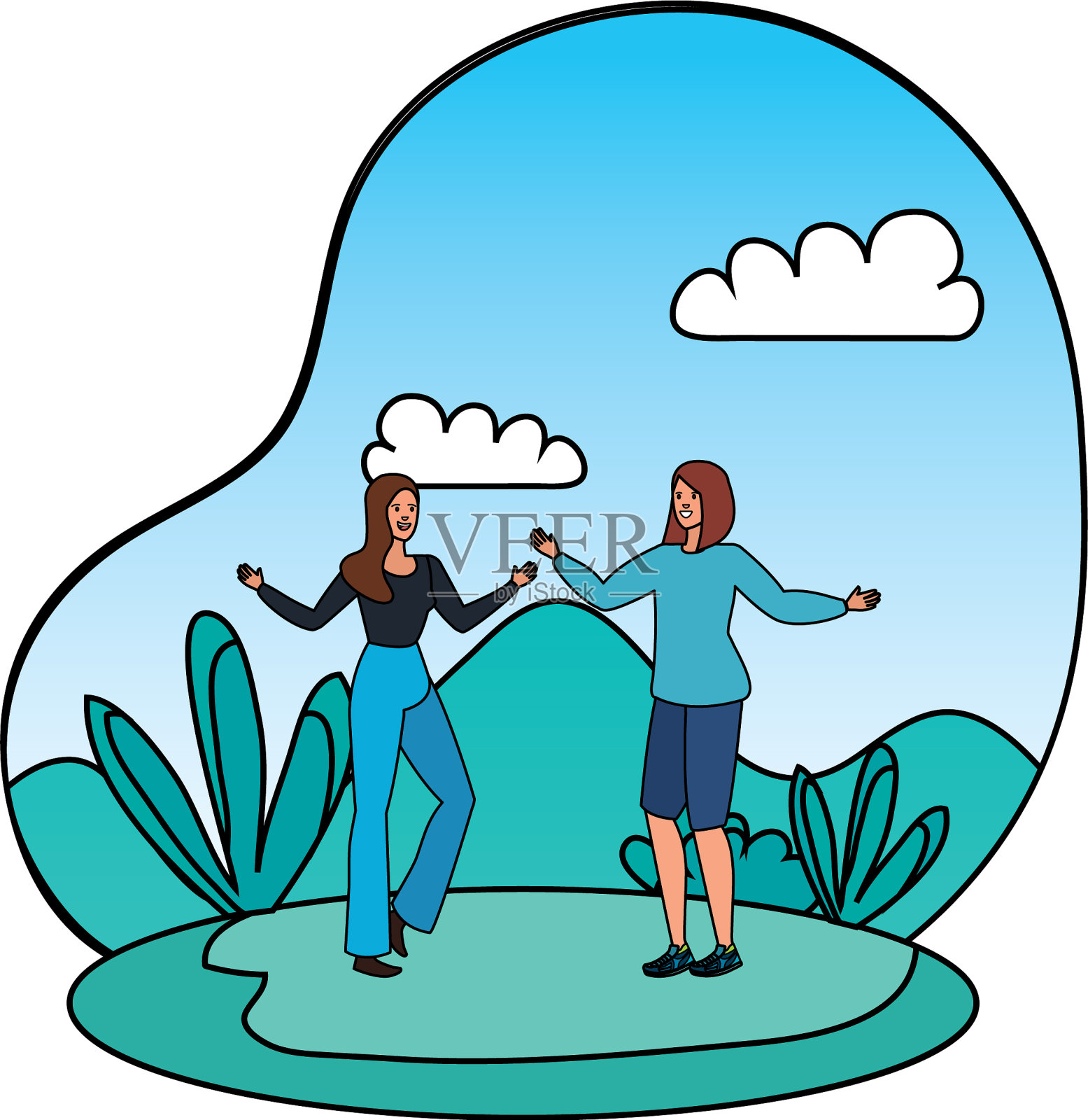 年轻的女孩朋友在风景设计元素图片