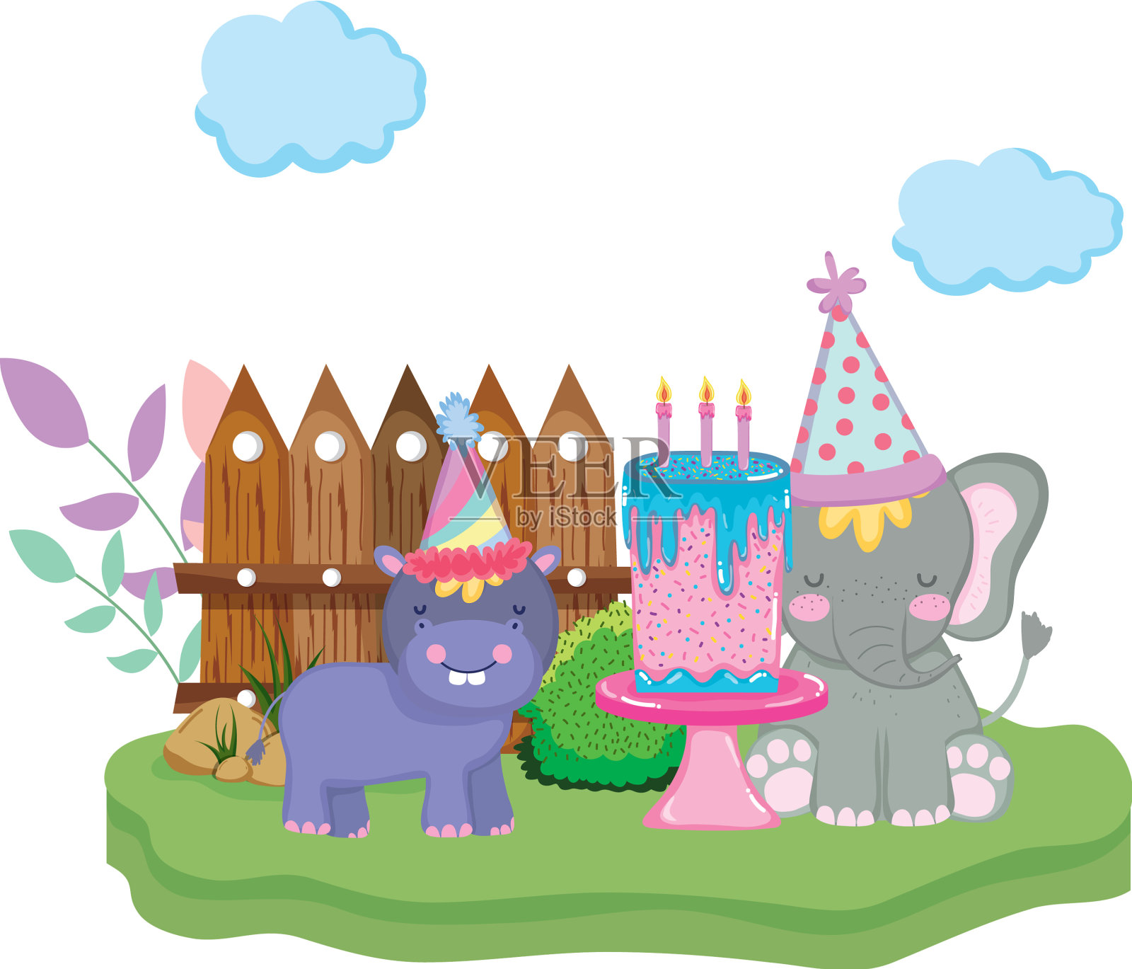 戴着派对帽子的小大象和河马设计元素图片