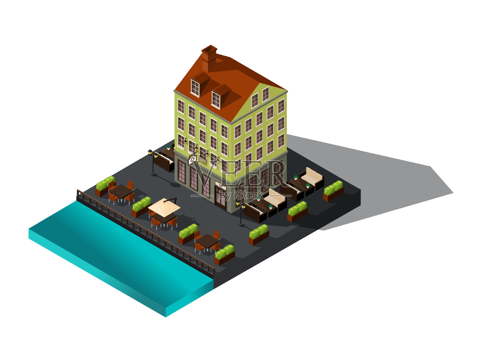 Isometric 3d house by sea restaurant丹麦公司设计元素图片