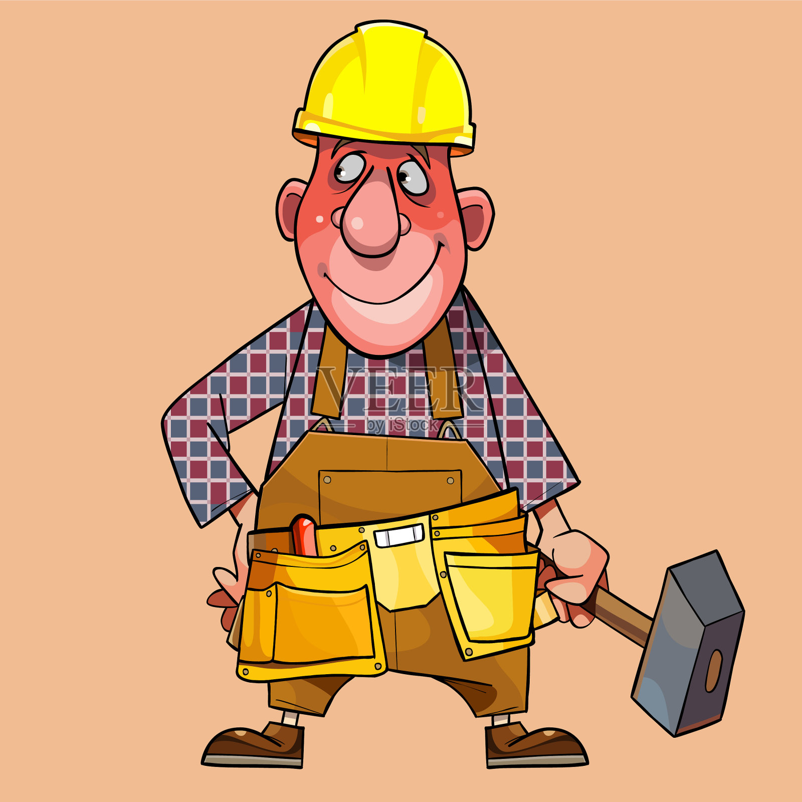 卡通男工人戴着头盔，手里拿着锤子插画图片素材