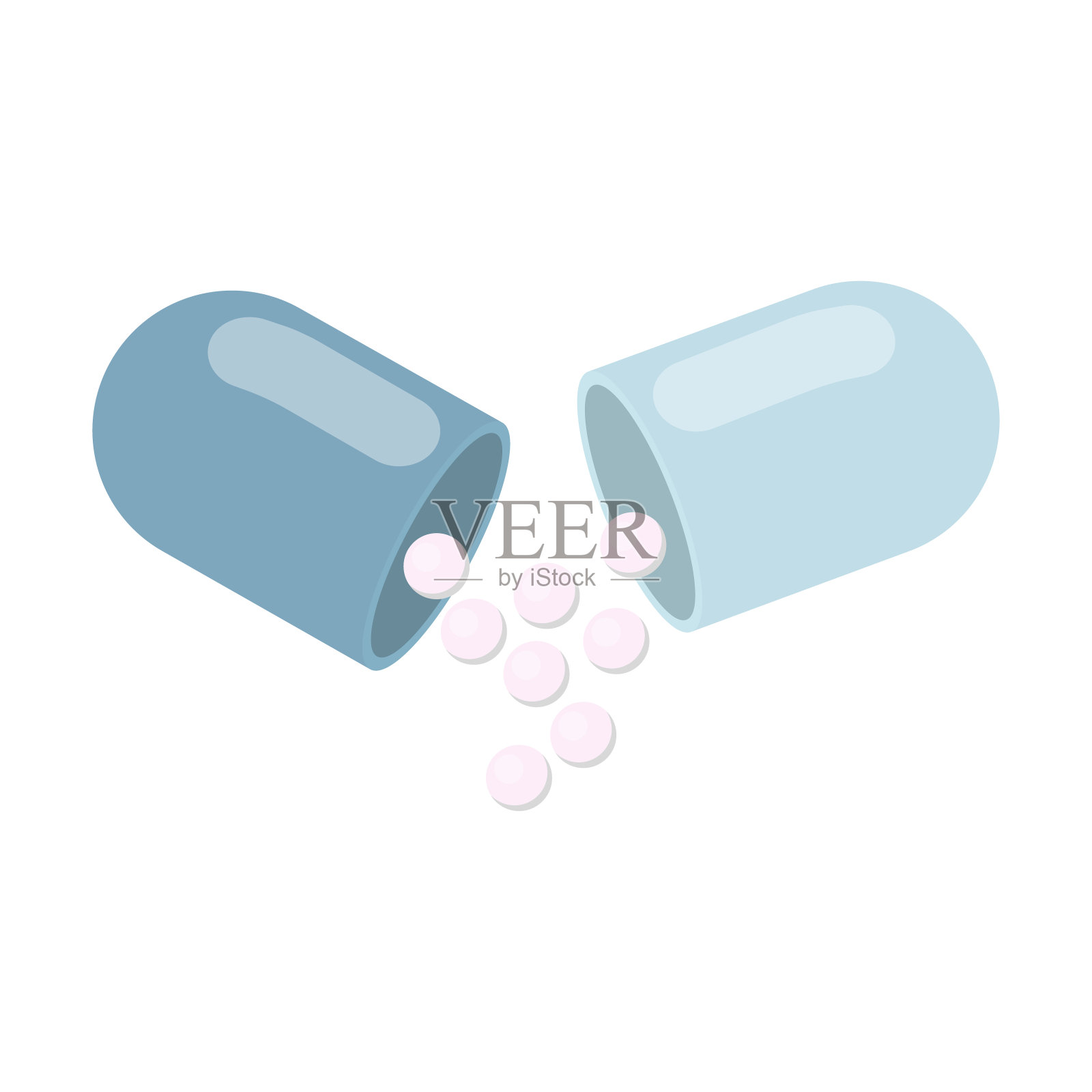 蓝色开放胶囊倒颗粒孤立插画图片素材