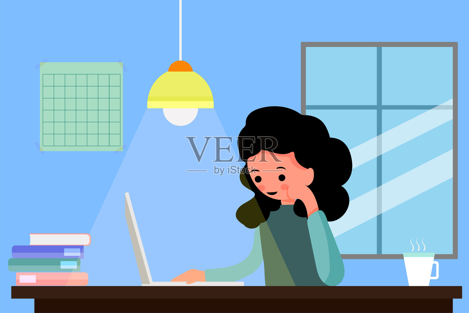 可爱的角色坐在灯光下的桌子上工作。插画图片素材