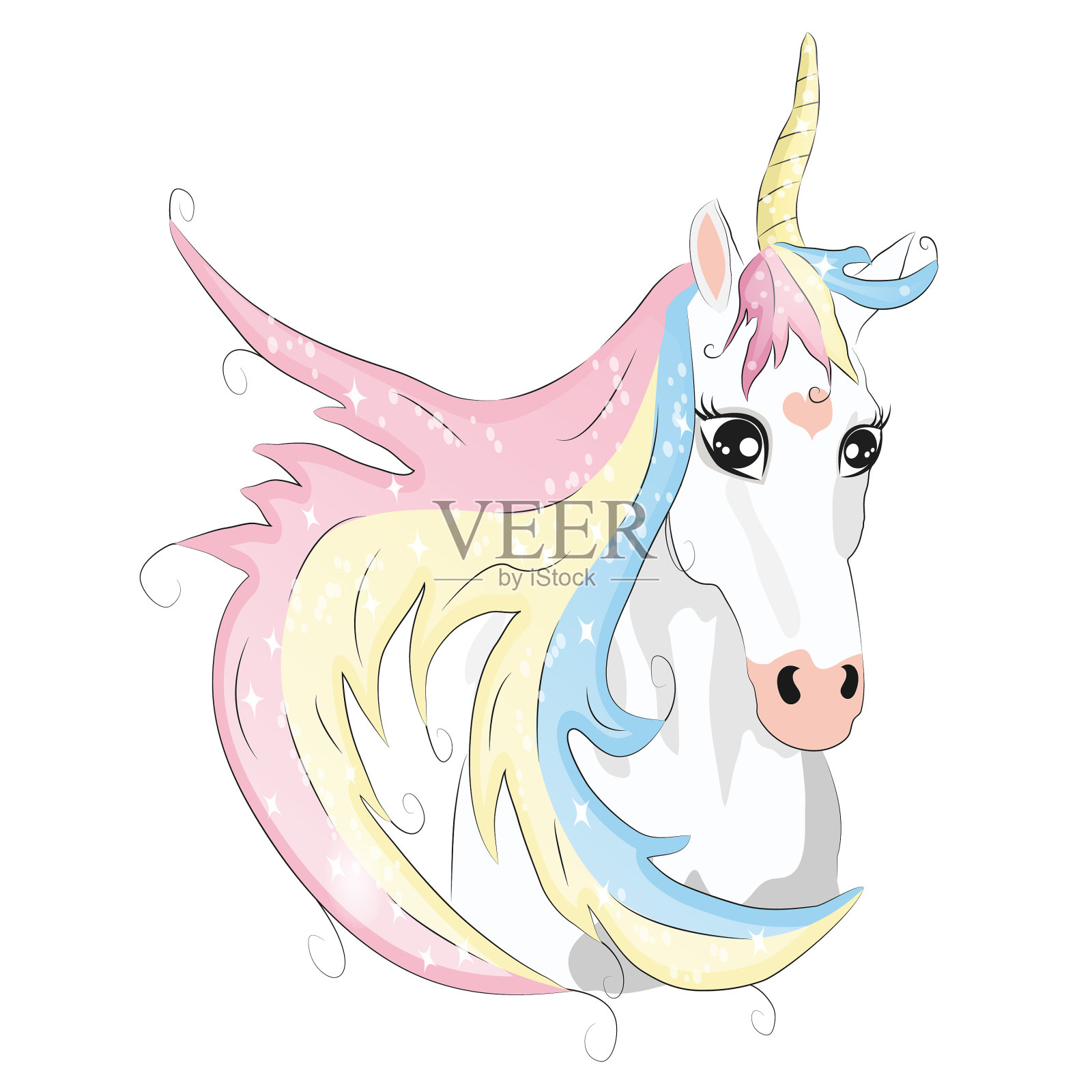 可爱的独角兽脸上带着犄角和美丽的彩虹设计元素图片