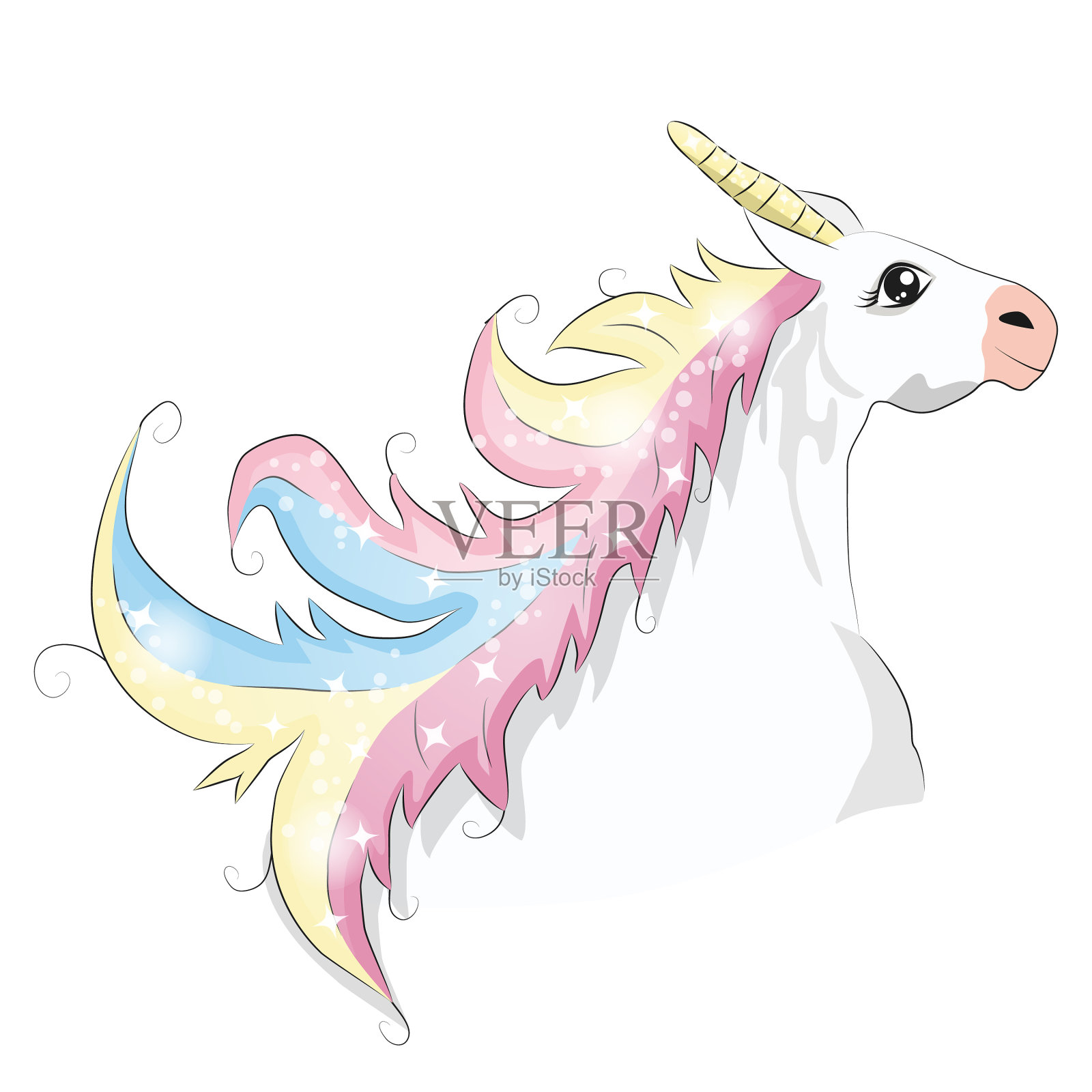可爱的独角兽脸上带着犄角和美丽的彩虹设计元素图片